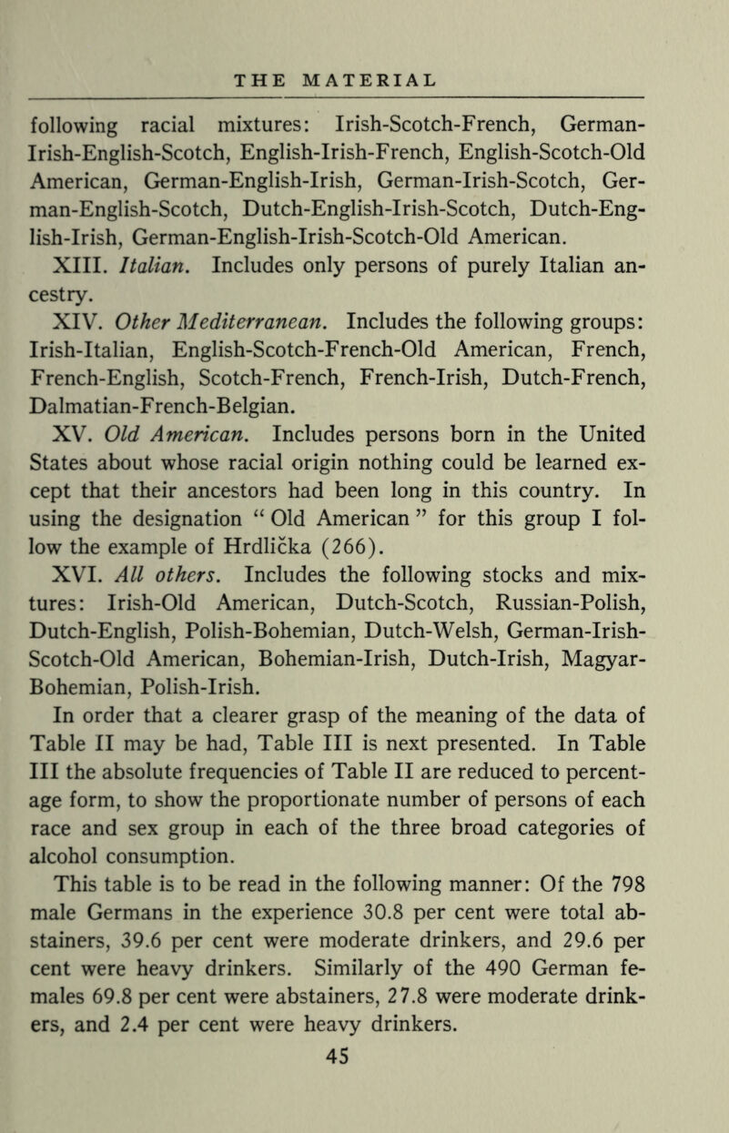 following racial mixtures: Irish-Scotch-French, German- Irish-English-Scotch, English-Irish-French, English-Scotch-Old American, German-English-Irish, German-Irish-Scotch, Ger- man-English-Scotch, Dutch-English-Irish-Scotch, Dutch-Eng- lish-Irish, German-English-Irish-Scotch-Old American. XIII. Italian. Includes only persons of purely Italian an¬ cestry. XIV. Other Mediterranean. Includes the following groups: Irish-Italian, English-Scotch-French-Old American, French, French-English, Scotch-French, French-Irish, Dutch-French, Dalmatian-F rench-Belgian. XV. Old American. Includes persons born in the United States about whose racial origin nothing could be learned ex¬ cept that their ancestors had been long in this country. In using the designation “ Old American ” for this group I fol¬ low the example of Hrdlicka (266). XVI. All others. Includes the following stocks and mix¬ tures: Irish-Old American, Dutch-Scotch, Russian-Polish, Dutch-English, Polish-Bohemian, Dutch-Welsh, German-Irish- Scotch-Old American, Bohemian-Irish, Dutch-Irish, Magyar- Bohemian, Polish-Irish. In order that a clearer grasp of the meaning of the data of Table II may be had, Table III is next presented. In Table III the absolute frequencies of Table II are reduced to percent¬ age form, to show the proportionate number of persons of each race and sex group in each of the three broad categories of alcohol consumption. This table is to be read in the following manner: Of the 798 male Germans in the experience 30.8 per cent were total ab¬ stainers, 39.6 per cent were moderate drinkers, and 29.6 per cent were heavy drinkers. Similarly of the 490 German fe¬ males 69.8 per cent were abstainers, 27.8 were moderate drink¬ ers, and 2.4 per cent were heavy drinkers.