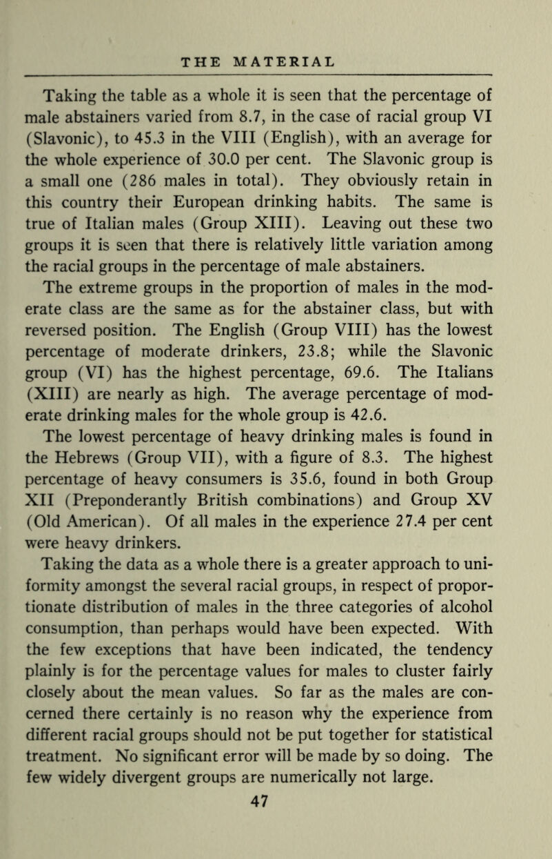 Taking the table as a whole it is seen that the percentage of male abstainers varied from 8.7, in the case of racial group VI (Slavonic), to 45.3 in the VIII (English), with an average for the whole experience of 30.0 per cent. The Slavonic group is a small one (286 males in total). They obviously retain in this country their European drinking habits. The same is true of Italian males (Group XIII). Leaving out these two groups it is seen that there is relatively little variation among the racial groups in the percentage of male abstainers. The extreme groups in the proportion of males in the mod¬ erate class are the same as for the abstainer class, but with reversed position. The English (Group VIII) has the lowest percentage of moderate drinkers, 23.8; while the Slavonic group (VI) has the highest percentage, 69.6. The Italians (XIII) are nearly as high. The average percentage of mod¬ erate drinking males for the whole group is 42.6. The lowest percentage of heavy drinking males is found in the Hebrews (Group VII), with a figure of 8.3. The highest percentage of heavy consumers is 35.6, found in both Group XII (Preponderantly British combinations) and Group XV (Old American). Of all males in the experience 27.4 per cent were heavy drinkers. Taking the data as a whole there is a greater approach to uni¬ formity amongst the several racial groups, in respect of propor¬ tionate distribution of males in the three categories of alcohol consumption, than perhaps would have been expected. With the few exceptions that have been indicated, the tendency plainly is for the percentage values for males to cluster fairly closely about the mean values. So far as the males are con¬ cerned there certainly is no reason why the experience from different racial groups should not be put together for statistical treatment. No significant error will be made by so doing. The few widely divergent groups are numerically not large.