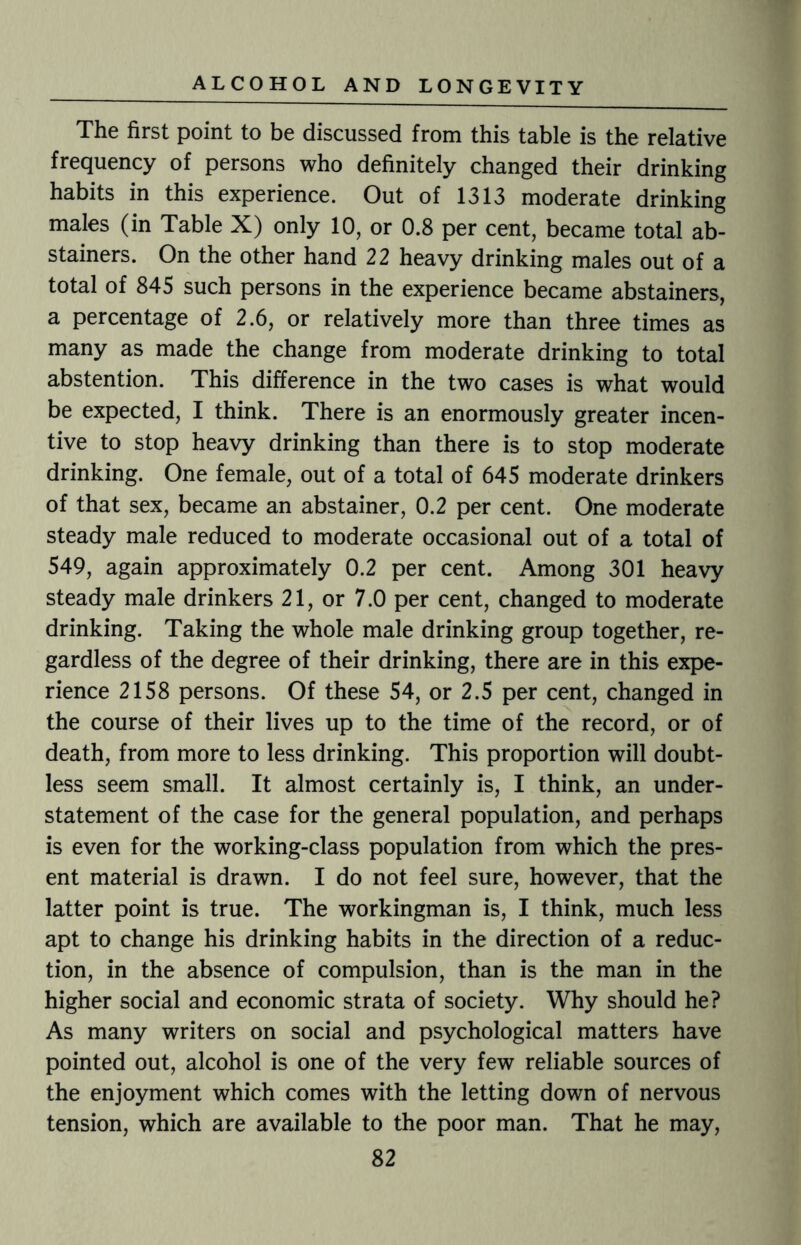 The first point to be discussed from this table is the relative frequency of persons who definitely changed their drinking habits in this experience. Out of 1313 moderate drinking males (in Table X) only 10, or 0.8 per cent, became total ab¬ stainers. On the other hand 22 heavy drinking males out of a total of 845 such persons in the experience became abstainers, a percentage of 2.6, or relatively more than three times as many as made the change from moderate drinking to total abstention. This difference in the two cases is what would be expected, I think. There is an enormously greater incen¬ tive to stop heavy drinking than there is to stop moderate drinking. One female, out of a total of 645 moderate drinkers of that sex, became an abstainer, 0.2 per cent. One moderate steady male reduced to moderate occasional out of a total of 549, again approximately 0.2 per cent. Among 301 heavy steady male drinkers 21, or 7.0 per cent, changed to moderate drinking. Taking the whole male drinking group together, re¬ gardless of the degree of their drinking, there are in this expe¬ rience 2158 persons. Of these 54, or 2.5 per cent, changed in the course of their lives up to the time of the record, or of death, from more to less drinking. This proportion will doubt¬ less seem small. It almost certainly is, I think, an under¬ statement of the case for the general population, and perhaps is even for the working-class population from which the pres¬ ent material is drawn. I do not feel sure, however, that the latter point is true. The workingman is, I think, much less apt to change his drinking habits in the direction of a reduc¬ tion, in the absence of compulsion, than is the man in the higher social and economic strata of society. Why should he? As many writers on social and psychological matters have pointed out, alcohol is one of the very few reliable sources of the enjoyment which comes with the letting down of nervous tension, which are available to the poor man. That he may,