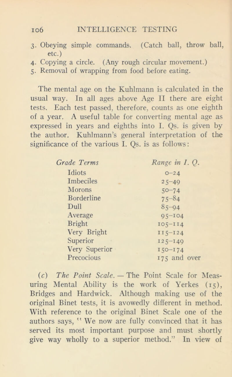 3. Obeying simple commands. (Catch ball, throw ball, etc.) 4. Copying a circle. (Any rough circular movement.) 5. Removal of wrapping from food before eating. The mental age on the Kuhlmann is calculated in the usual way. In all ages above Age II there are eight tests. Each test passed, therefore, counts as one eighth of a year. A useful table for converting mental age as expressed in years and eighths into I. Qs. is given by the author. Kuhlmann’s general interpretation of the significance of the various I. Qs. is as follows: Grade Terms Range in I. Q. Idiots 0-24 Imbeciles 2 5-49 Morons 50-74 Borderline 75-84 Dull 85-94 Average 95_I04 Bright 105-114 Very Bright 115-124 Superior 125-149 Very Superior 150-174 Precocious 175 and over (c) The Point Scale. — The Point Scale for Meas- uring Mental Ability is the work of Yerkes (15), Bridges and Hardwick. Although making use of the original Binet tests, it is avowedly different in method. With reference to the original Binet Scale one of the authors says,  We now are fully convinced that it has served its most important purpose and must shortly give way wholly to a superior method.” In view of