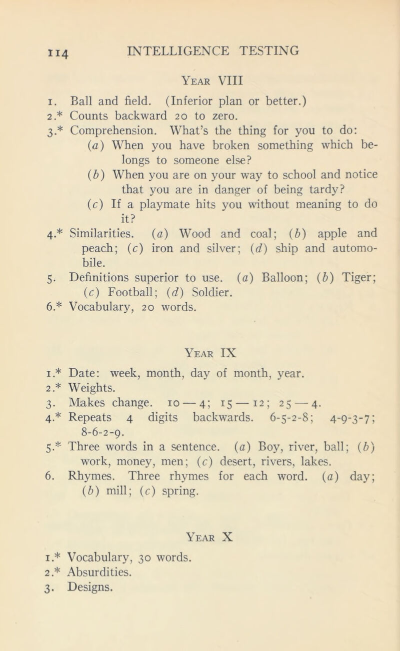 Year VIII 1. Ball and field. (Inferior plan or better.) 2. * Counts backward 20 to zero. 3. * Comprehension. What’s the thing for you to do: (a) When you have broken something which be- longs to someone else? (b) When you are on your way to school and notice that you are in danger of being tardy? (c) If a playmate hits you without meaning to do it? 4. * Similarities. (a) Wood and coal; (b) apple and peach; (c) iron and silver; (d) ship and automo- bile. 5. Definitions superior to use. (a) Balloon; (b) Tiger; (c) Football; (d) Soldier. 6. * Vocabulary, 20 words. Year IX 1. * Date: week, month, day of month, year. 2. * Weights. 3. Makes change. 10 — 4; 15—12; 25 — 4. 4. * Repeats 4 digits backwards. 6-5-2-8; 4-93“7; 8-6-2-9. 5. * Three words in a sentence, (a) Boy, river, ball; (b) work, money, men; (c) desert, rivers, lakes. 6. Rhymes. Three rhymes for each word. (a) day; (b) mill; (c) spring. Year X 1. * Vocabulary, 30 words. 2. * Absurdities. 3. Designs.