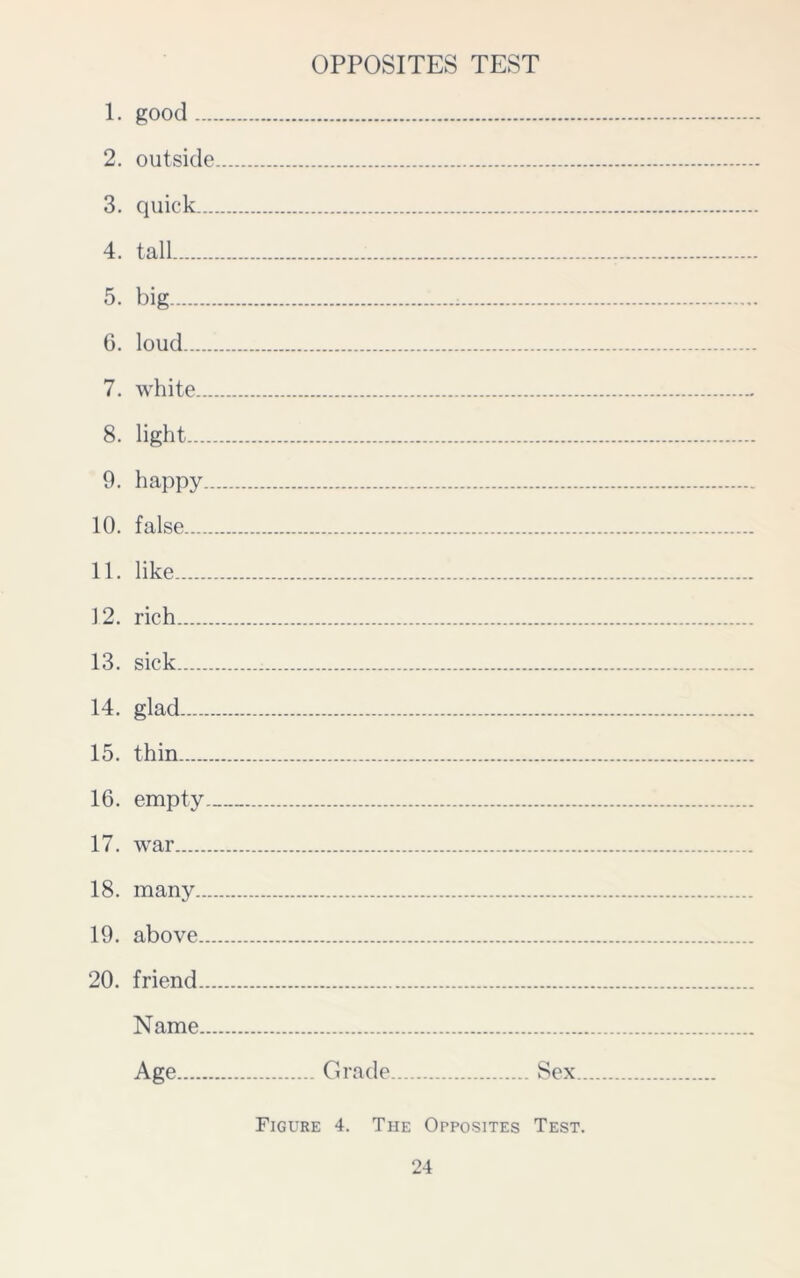 OPPOSITES TEST 1. good 2. outside 3. quick 4. tall 5. big 6. loud 7. white 8. light 9. happy 10. false 11. like 12. rich 13. sick 14. glad 15. thin 16. empty 17. war 18. many 19. above 20. friend Name Age Grade Sex.. Figure 4. The Opposites Test.