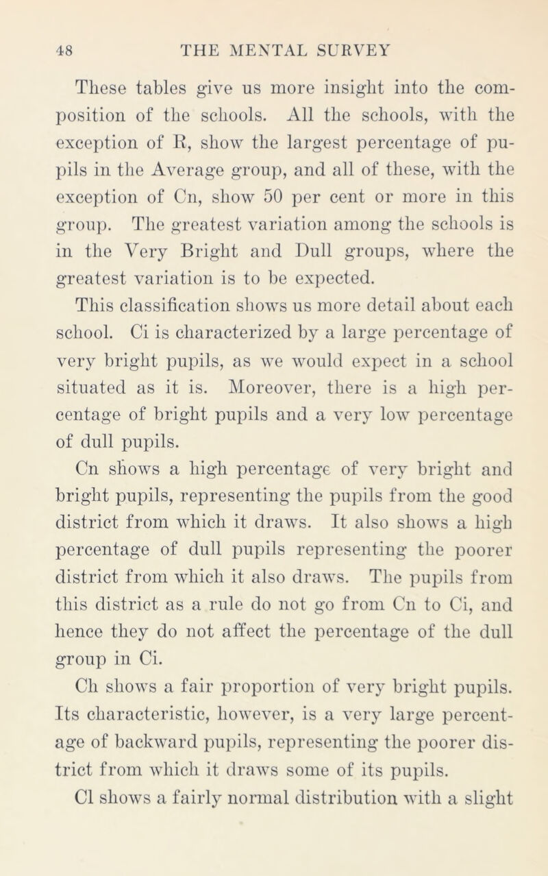 These tables give us more insight into the com- position of the schools. All the schools, with the exception of E, show the largest percentage of pu- pils in the Average group, and all of these, with the exception of Cn, show 50 per cent or more in this group. The greatest variation among the schools is in the Very Bright and Dull groups, where the greatest variation is to be expected. This classification shows us more detail about each school. Ci is characterized by a large percentage of very bright pupils, as we would expect in a school situated as it is. Moreover, there is a high per- centage of bright pupils and a very low percentage of dull pupils. Cn shows a high percentage of very bright and bright pupils, representing the pupils from the good district from which it draws. It also shows a high percentage of dull pupils representing the poorer district from which it also draws. The pupils from this district as a rule do not go from C11 to Ci, and hence they do not affect the percentage of the dull group in Ci. Ch shows a fair proportion of very bright pupils. Its characteristic, however, is a very large percent- age of backward pupils, representing the poorer dis- trict from which it draws some of its pupils. Cl shows a fairly normal distribution with a slight