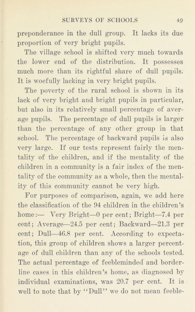 preponderance in the dull group. It lacks its due proportion of very bright pupils. The village school is shifted very much towards the lower end of the distribution. It possesses much more than its rightful share of dull pupils. It is woefully lacking in very bright pupils. The poverty of the rural school is shown in its lack of very bright and bright pupils in particular, but also in its relatively small percentage of aver- age pupils. The percentage of dull pupils is larger than the percentage of any other group in that school. The percentage of backward pupils is also very large. If our tests represent fairly the men- tality of the children, and if the mentality of the children in a community is a fair index of the men- tality of the community as a whole, then the mental- ity of this community cannot be very high. For purposes of comparison, again, we add here the classification of the 94 children in the children’s home:— Very Bright—0 per cent; Bright—7.4 per cent; Average—24.5 per cent; Backward—21.3 per cent; Dull—46.8 per cent. According to expecta- tion, this group of children shows a larger percent- age of dull children than any of the schools tested. The actual percentage of feebleminded and border- line cases in this children’s home, as diagnosed by individual examinations, was 20.7 per cent. It is well to note that by “Dull” we do not mean feeble-