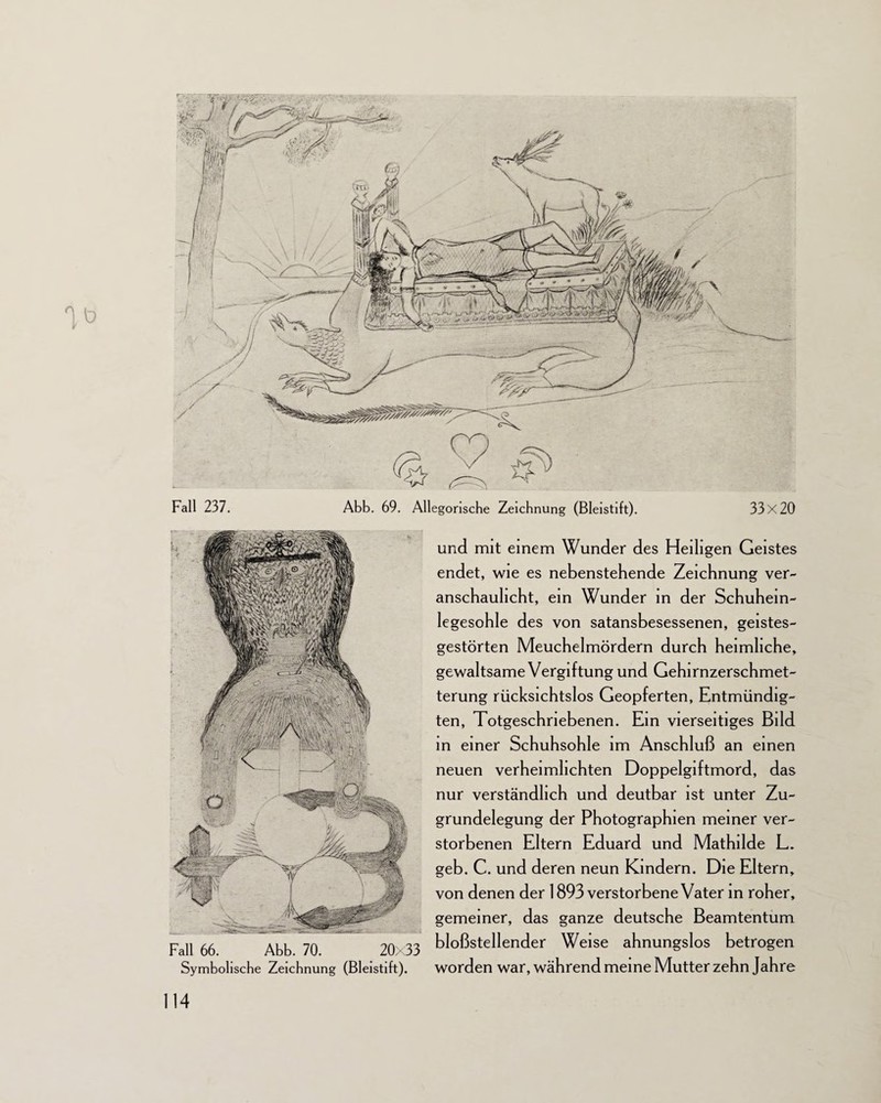 Symbolische Zeichnung (Bleistift). und mit einem Wunder des Heiligen Geistes endet, wie es nebenstehende Zeichnung ver¬ anschaulicht, ein Wunder in der Schuhein- legesohle des von satansbesessenen, geistes¬ gestörten Meuchelmördern durch heimliche, gewaltsame Vergiftung und Gehirnzerschmet¬ terung rücksichtslos Geopferten, Entmündig¬ ten, Totgeschriebenen. Ein vierseitiges Bild in einer Schuhsohle im Anschluß an einen neuen verheimlichten Doppelgiftmord, das nur verständlich und deutbar ist unter Zu¬ grundelegung der Photographien meiner ver¬ storbenen Eltern Eduard und Mathilde L. geb. C. und deren neun Kindern. Die Eltern, von denen der 1893 verstorbene Vater in roher, gemeiner, das ganze deutsche Beamtentum bloßstellender Weise ahnungslos betrogen worden war, während meine Mutter zehn Jahre