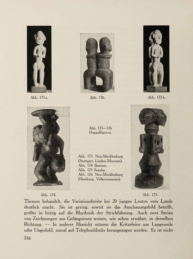 Abb. 173-176 Doppelfiguren. Abb. 173 Neu-Mecklenburg (Stuttgart, Linden-Museum). Abb. 174 Bamum. Abb. 175 Soruba. Abb. 176 Neu-Mecklenburg (Hamburg, Völkermuseum). Abb. 174. Abb. 175. Themen behandelt, die Variationsbreite bei 20 jungen Leuten vom Lande deutlich macht. Sie ist gering, soweit sie das Anschauungsbild betrifft, größer in bezüg auf die Rhythmik der Strichführung. Auch zwei Serien von Zeichnungen aus Gefängnissen weisen, wie schon erwähnt, in derselben Richtung. — In anderer Hinsicht müssen die Kritzeleien aus Langeweile oder Ungeduld, zumal auf Telephonblocks herangezogen werden. Es ist nicht