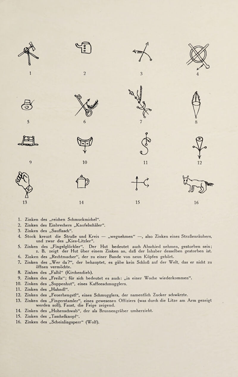 1. Zinken des „reichen Schmuckmichel“. 2. Zinken des Einbrechers „Knofelschäler“. 3. Zinken des „Sauflasch“. 4. Stock kreuzt die Straße und Kreis — „wegnehmen“ —, also Zinken eines Straßenräubers, und zwar des „Kies-Litzler“. 5. Zinken des „Fingelglöckler“. Der Hut bedeutet auch Abschied nehmen, gestorben sein; z. B. zeigt der Hut über einem Zinken an, daß der Inhaber desselben gestorben ist. 6. Zinken des „Rechtmacher“, der zu einer Bande von neun Köpfen gehört. 7. Zinken des „Wer da?“, der behauptet, es gäbe kein Schloß auf der Welt, das er nicht zu öffnen vermöchte. 8. Zinken des „Falbl“ (Kirchendieb). 9. Zinken des „Freila“; für sich bedeutet es auch: „in einer Woche wiederkommen“. 10. Zinken des „Suppenhut“, eines Kaffeeschmugglers. 11. Zinken des „Hahndl“. 12. Zinken des „Feuerhengstl“, eines Schmugglers, der namentlich Zucker schwärzte. 13. Zinken des „Fingerstamler“, eines gewesenen Offiziers (was durch die Litze am Arm gezeigt werden soll), Faust, die Feige zeigend. 14. Zinken des „Hohenschwab“, der als Brunnengräber umherzieht. 15. Zinken des „Taschelknopf“. 16. Zinken des „Scheinlingsperr“ (Wolf).