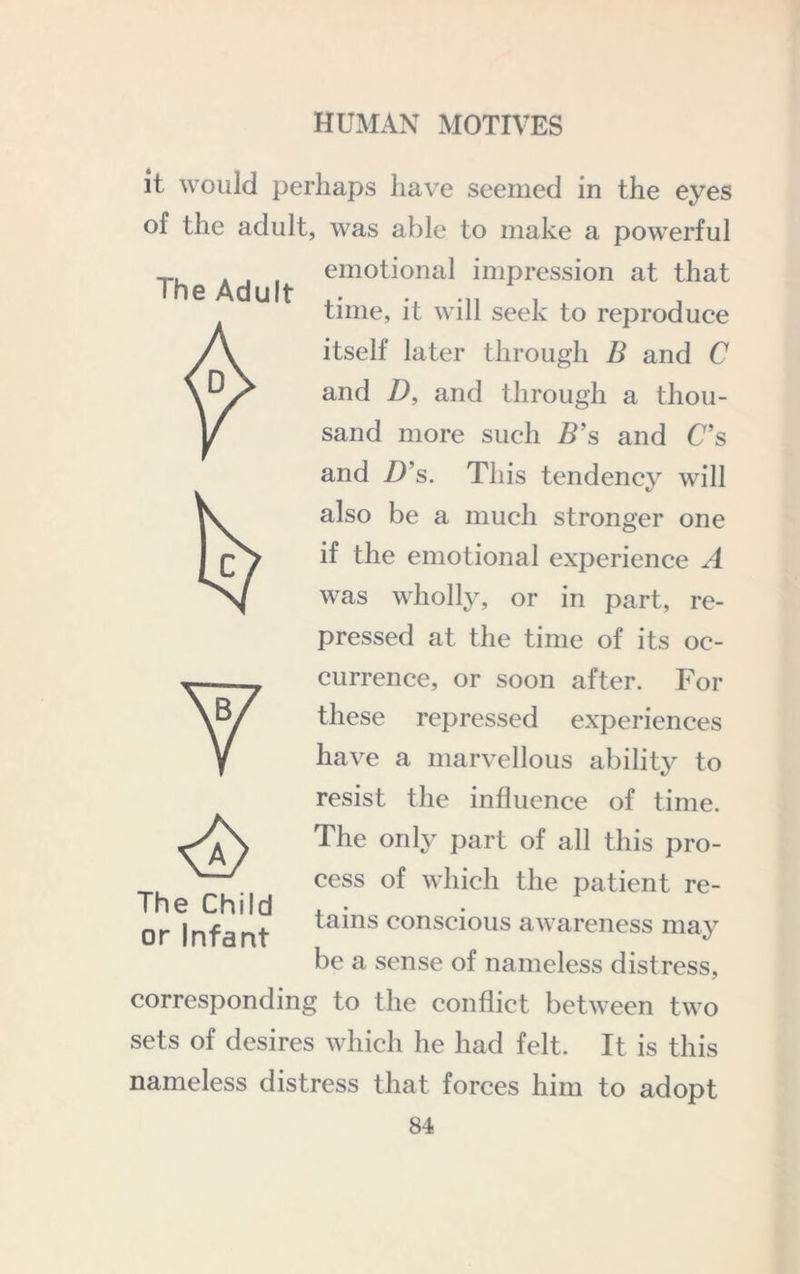 The Adult it would perhaps have seemed in the eyes of the adult, was able to make a powerful emotional impression at that time, it will seek to reproduce itself later through B and C and D, and through a thou- sand more such Z?’s and C’s and Z)’s. This tendency will also be a much stronger one if the emotional experience A was wholly, or in part, re- pressed at the time of its oc- Ycurrence, or soon after. For these repressed experiences have a marvellous abilit}^ to resist the influence of time. The only part of all this pro- ^ cess of which the patient re- tains conscious awareness may be a sense of nameless distress, corresponding to the conflict between two sets of desires which he had felt. It is this nameless distress that forces him to adopt 84 The Child or Infant