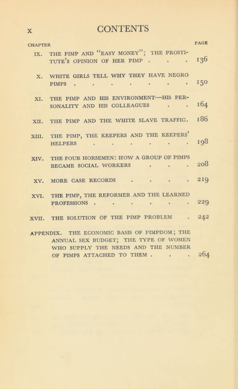 CHAPTER IX. THE PIMP AND “EASY MONEY”; THE PROSTI- TUTE’S OPINION OF HER PIMP . PAGE I36 X. WHITE GIRLS TELL WHY THEY HAVE NEGRO PIMPS ...•••• 15° XI. THE PIMP AND HIS ENVIRONMENT—HIS PER- SONALITY AND HIS COLLEAGUES 164 XII. THE PIMP AND THE WHITE SLAVE TRAFFIC. l86 XIII. THE PIMP, THE KEEPERS AND THE KEEPERS’ HELPERS ...... 198 XIV. THE FOUR HORSEMEN: HOW A GROUP OF PIMPS BECAME SOCIAL WORKERS 208 XV. MORE CASE RECORDS .... 219 XVI. THE PIMP, THE REFORMER AND THE LEARNED PROFESSIONS ...... 229 XVII. THE SOLUTION OF THE PIMP PROBLEM 242 APPENDIX. THE ECONOMIC BASIS OF PIMPDOM ; THE ANNUAL SEX BUDGET; THE TYPE OF WOMEN WHO SUPPLY THE NEEDS AND THE NUMBER OF PIMPS ATTACHED TO THEM . . .264