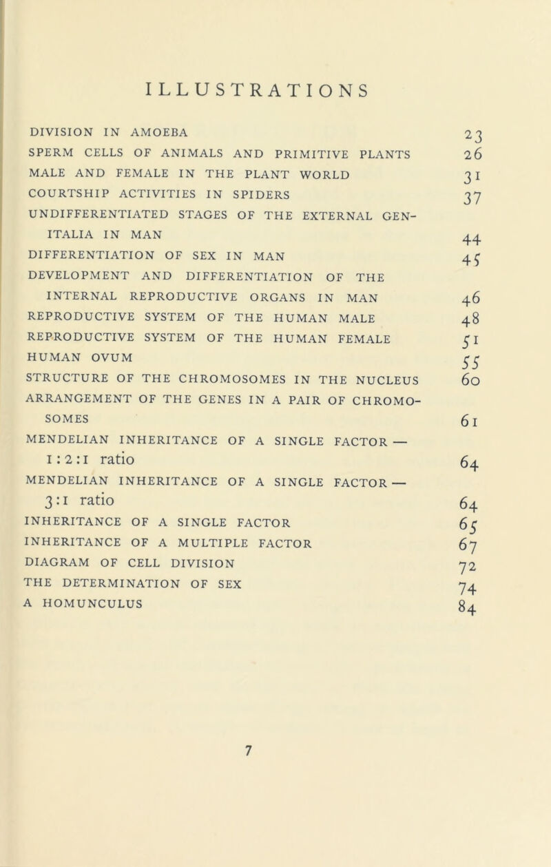 ILLUSTRATIONS DIVISION IN AMOEBA 23 SPERM CELLS OF ANIMALS AND PRIMITIVE PLANTS 2 6 MALE AND FEMALE IN THE PLANT WORLD 3 I COURTSHIP ACTIVITIES IN SPIDERS 37 UNDIFFERENTIATED STAGES OF THE EXTERNAL GEN¬ ITALIA IN MAN 44 DIFFERENTIATION OF SEX IN MAN 4^ DEVELOPMENT AND DIFFERENTIATION OF THE INTERNAL REPRODUCTIVE ORGANS IN MAN 46 REPRODUCTIVE SYSTEM OF THE HUMAN MALE 48 REPRODUCTIVE SYSTEM OF THE HUMAN FEMALE $ I HUMAN OVUM ^ r STRUCTURE OF THE CHROMOSOMES IN THE NUCLEUS 60 ARRANGEMENT OF THE GENES IN A PAIR OF CHROMO¬ SOMES MENDELIAN INHERITANCE OF A SINGLE FACTOR — 1:2:1 ratio 64 MENDELIAN INHERITANCE OF A SINGLE FACTOR — 3:1 ratio 64 INHERITANCE OF A SINGLE FACTOR 65 INHERITANCE OF A MULTIPLE FACTOR 67 DIAGRAM OF CELL DIVISION 72 THE DETERMINATION OF SEX 74 A HOMUNCULUS 84