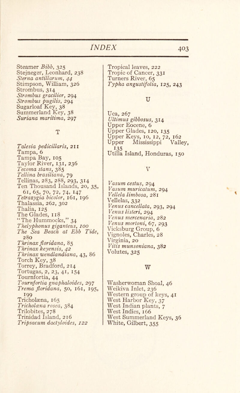Steamer Bibb, 325 Stejneger, Leonhard, 238 Sterna antillarum, 44 Stimpson, William, 326 Strombus, 314 Strombus gracilior, 294 Strombus pugilis, 294 Sugarloaf Key, 38 Summerland Key, 38 Suriana maritima, 297 T Talesia pediciilaris, 211 Tampa, 6 Tampa Bay, 105 Taylor River, 131, 236 Tecoma stans, 385 Tellina brasiliana, 79 Tellinas, 283, 288, 293, 314 Ten Thousand Islands, 20, 35, 61, 65, 70, 72, 74, 147 Tetrazygia bicolor, 161, 196 Thalassia, 262, 302 Thalia, 125 The Glades, 118 “The Hummocks,” 34 Thelyphonus giganteas, 100 The Sea Beach at Ebb Tide, 280 Thrinax floridana, 85 Thrinax keyensis, 42 Thrinax wendlandiana, 43, 86 Torch Key, 38 Torrey, Bradford, 214 Tortugas, 2, 23, 41, 154 Tournfortia, 44 Tournfortia gnaphaloides, 297 Trema floridana, 50, 161, 195, 199 Tricholaena, 165 Tricholeena rosea, 384 Trilobites, 278 Trinidad Island, 216 Tripsacum dactyloides, 122 Tropical leaves, 222 Tropic of Cancer, 331 Turners River, 65 Typha angustijolia, 125, 243 U Uca, 267 Ultimus gibbosus, 314 Upper Eocene, 6 Upper Glades, 120, 135 Upper Keys, 10, 12, 72, 162 Upper Mississippi Valley, 135 Utilla Island, Honduras, 150 V Vasum cestus, 294 Vasum muricatum, 294 Vellela limbosa, 281 Vellelas, 332 Venus cancellata, 293, 294 Venus listeri, 294 Vevius mercenaria, 282 Venus mortoni, 67, 293 Vicksburg Group, 6 Vignoles, Charles, 28 Virginia, 20 Vitis munsoniana, 382 Volutes, 325 W Washerwoman Shoal, 46 Weikiva Inlet, 236 Western group of keys, 41 West Harbor Key, 37 West Indian plants, 7 West Indies, 166 West Summerland Keys, 36 White, Gilbert, 355