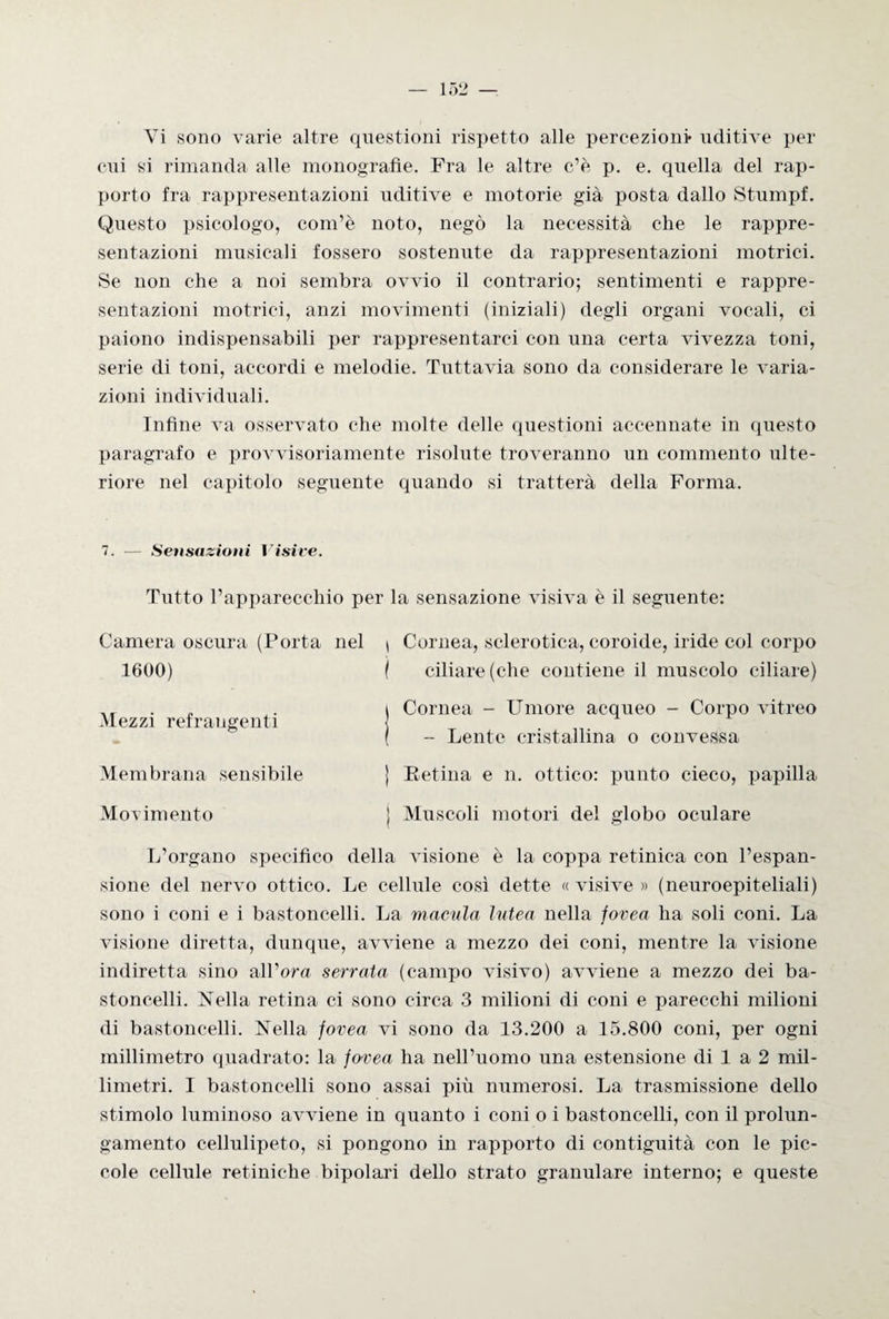 Vi sono varie altre questioni rispetto alle percezioni uditive per cui si rimanda alle monografie. Fra le altre c’è p. e. quella del rap¬ porto fra rappresentazioni uditive e motorie già posta dallo Stumpf. Questo psicologo, com’è noto, negò la necessità elle le rappre¬ sentazioni musicali fossero sostenute da rappresentazioni motrici. Se non che a noi sembra ovvio il contrario; sentimenti e rappre¬ sentazioni motrici, anzi movimenti (iniziali) degli organi vocali, ci paiono indispensabili per rappresentarci con una certa vivezza toni, serie di toni, accordi e melodie. Tuttavia sono da considerare le varia¬ zioni individuali. Infine va osservato che molte delle questioni accennate in questo paragrafo e provvisoriamente risolute troveranno un commento ulte¬ riore nel capitolo seguente quando si tratterà della Forma. Sensazioni Visive. Tutto l’apparecchio per la sensazione visiva è il seguente: Camera oscura (Porta nel 1600) Mezzi refrangenti Membrana sensibile Movimento i Cornea, sclerotica, coroide, iride col corpo ( ciliare (che contiene il muscolo ciliare) i Cornea - Umore acqueo - Corpo vitreo ( - Lente cristallina o convessa j Retina e n. ottico: punto cieco, papilla j Muscoli motori del globo oculare L’organo specifico della visione è la coppa retinica con l’espan¬ sione del nervo ottico. Le cellule così dette « visive » (neuroepiteliali) sono i coni e i bastoncelli. La macula lutea nella fovea ha soli coni. La visione diretta, dunque, avviene a mezzo dei coni, mentre la visione indiretta sino all’ora serrata (campo visivo) avviene a mezzo dei ba¬ stoncelli. Nella retina ci sono circa 3 milioni di coni e parecchi milioni di bastoncelli. Nella fovea vi sono da 13.200 a 15.800 coni, per ogni millimetro quadrato: la fovea ha nell’uomo una estensione di 1 a 2 mil¬ limetri. I bastoncelli sono assai più numerosi. La trasmissione dello stimolo luminoso avviene in quanto i coni o i bastoncelli, con il prolun¬ gamento cellulipeto, si pongono in rapporto di contiguità con le pic¬ cole cellule retiniche bipolari dello strato granulare interno; e queste