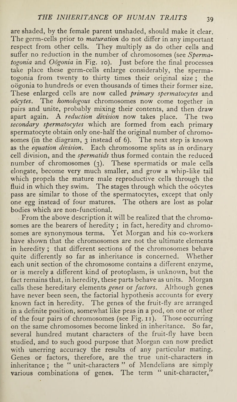 are shaded, by the female parent unshaded, should make it clear. The germ-cells prior to maturation do not differ in any important respect from other cells. They multiply as do other cells and suffer no reduction in the number of chromosomes (see Sperma¬ togonia and Oogonia in Fig. 10). Just before the final processes take place these germ-cells enlarge considerably, the sperma¬ togonia from twenty to thirty times their original size ; the oogonia to hundreds or even thousands of times their former size. These enlarged cells are now called primary spermatocytes and oocytes. The homologous chromosomes now come together in pairs and unite, probably mixing their contents, and then draw apart again. A reduction division now takes place. The two secondary spermatocytes which are formed from each primary spermatocyte obtain only one-half the original number of chromo¬ somes (in the diagram, 3 instead of 6). The next step is known as the equation division. Each chromosome splits as in ordinary cell division, and the spermatids thus formed contain the reduced number of chromosomes (3). These spermatids or male cells elongate, become very much smaller, and grow a whip-like tail which propels the mature male reproductive cells through the fluid in which they swim. The stages through which the oocytes pass are similar to those of the spermatocytes, except that only one egg instead of four matures. The others are lost as polar bodies which are non-functional. From the above description it will be realized that the chromo¬ somes are the bearers of heredity ; in fact, heredity and chromo¬ somes are synonymous terms. Yet Morgan and his co-workers have shown that the chromosomes are not the ultimate elements in heredity ; that different sections of the chromosomes behave quite differently so far as inheritance is concerned. Whether each unit section of the chromosome contains a different enzyme, or is merely a different kind of protoplasm, is unknown, but the fact remains that, in heredity, these parts behave as units. Morgan calls these hereditary elements genes or factors. Although genes have never been seen, the factorial hypothesis accounts for every known fact in heredity. The genes of the fruit-fly are arranged in a definite position, somewhat like peas in a pod, on one or other of the four pairs of chromosomes (see Fig. 11). Those occurring on the same chromosomes become linked in inheritance. So far, several hundred mutant characters of the fruit-fly have been studied, and to such good purpose that Morgan can now predict with unerring accuracy the results of any particular mating. Genes or factors, therefore, are the true unit-characters in inheritance ; the “ unit-characters ” of Mendelians are simply various combinations of genes. The term “ unit-character,”