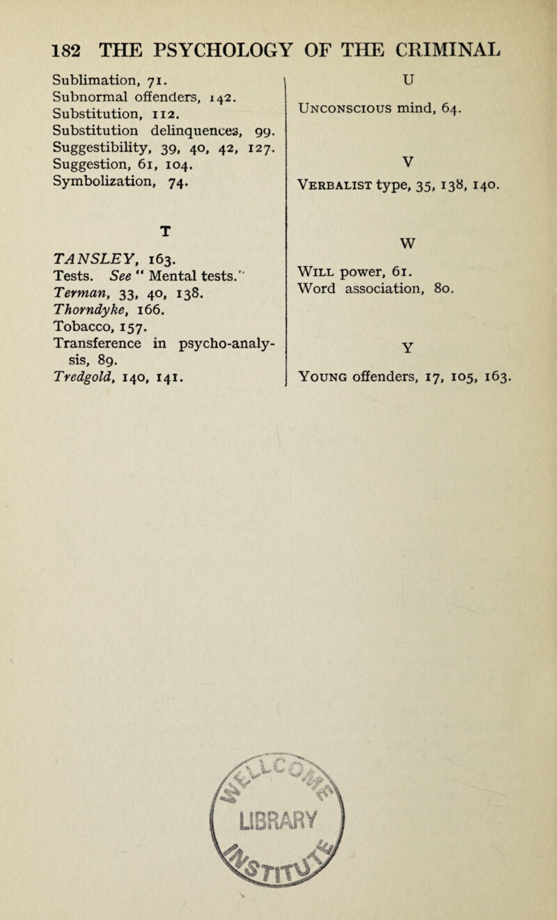 Sublimation, 71. Subnormal offenders, 142. Substitution, 112. Substitution delinquences, 99. Suggestibility, 39, 40, 42, 127. Suggestion, 61, 104. Symbolization, 74. T TANSLEY, 163. Tests. See “ Mental tests. Terman, 33, 40, 138. Thorndyke, 166. Tobacco, 157. Transference in psycho-analy¬ sis, 89. U Unconscious mind, 64. V Verbalist type, 35, 138, 140. W Will power, 61. Word association, 80. Y