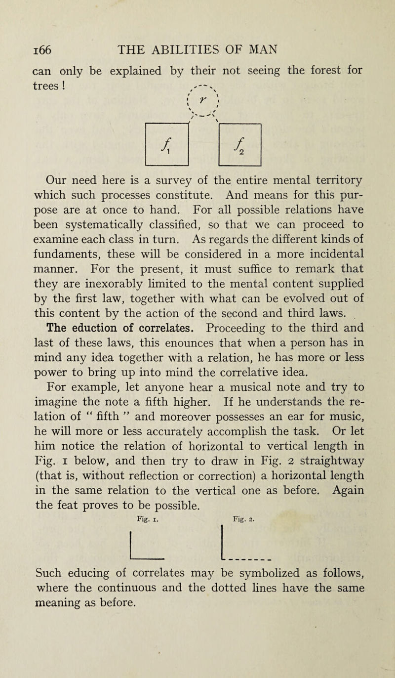 can only be explained by their not seeing the forest for trees! ---- Our need here is a survey of the entire mental territory which such processes constitute. And means for this pur¬ pose are at once to hand. For all possible relations have been systematically classified, so that we can proceed to examine each class in turn. As regards the different kinds of fundaments, these will be considered in a more incidental manner. For the present, it must suffice to remark that they are inexorably limited to the mental content supplied by the first law, together with what can be evolved out of this content by the action of the second and third laws. The eduction of correlates. Proceeding to the third and last of these laws, this enounces that when a person has in mind any idea together with a relation, he has more or less power to bring up into mind the correlative idea. For example, let anyone hear a musical note and try to imagine the note a fifth higher. If he understands the re¬ lation of “ fifth ” and moreover possesses an ear for music, he will more or less accurately accomplish the task. Or let him notice the relation of horizontal to vertical length in Fig. i below, and then try to draw in Fig. 2 straightway (that is, without reflection or correction) a horizontal length in the same relation to the vertical one as before. Again the feat proves to be possible. Fig. x. Fig. 2. Such educing of correlates may be symbolized as follows, where the continuous and the dotted lines have the same meaning as before.