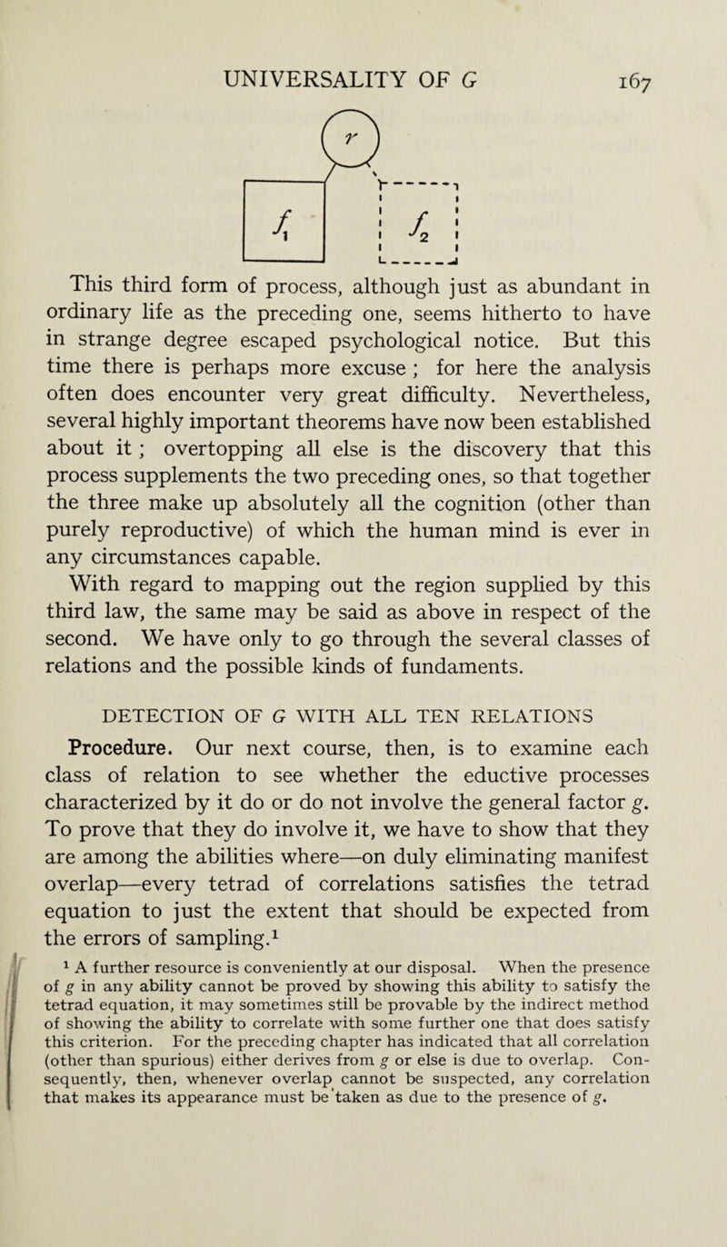 This third form of process, although just as abundant in ordinary life as the preceding one, seems hitherto to have in strange degree escaped psychological notice. But this time there is perhaps more excuse ; for here the analysis often does encounter very great difficulty. Nevertheless, several highly important theorems have now been established about it; overtopping all else is the discovery that this process supplements the two preceding ones, so that together the three make up absolutely all the cognition (other than purely reproductive) of which the human mind is ever in any circumstances capable. With regard to mapping out the region supplied by this third law, the same may be said as above in respect of the second. We have only to go through the several classes of relations and the possible kinds of fundaments. DETECTION OF G WITH ALL TEN RELATIONS Procedure. Our next course, then, is to examine each class of relation to see whether the eductive processes characterized by it do or do not involve the general factor g. To prove that they do involve it, we have to show that they are among the abilities where—on duly eliminating manifest overlap—every tetrad of correlations satisfies the tetrad equation to just the extent that should be expected from the errors of sampling.1 1 A further resource is conveniently at our disposal. When the presence of g in any ability cannot be proved by showing this ability to satisfy the tetrad equation, it may sometimes still be provable by the indirect method of showing the ability to correlate with some further one that does satisfy this criterion. For the preceding chapter has indicated that all correlation (other than spurious) either derives from g or else is due to overlap. Con¬ sequently, then, whenever overlap cannot be suspected, any correlation that makes its appearance must be taken as due to the presence of g.