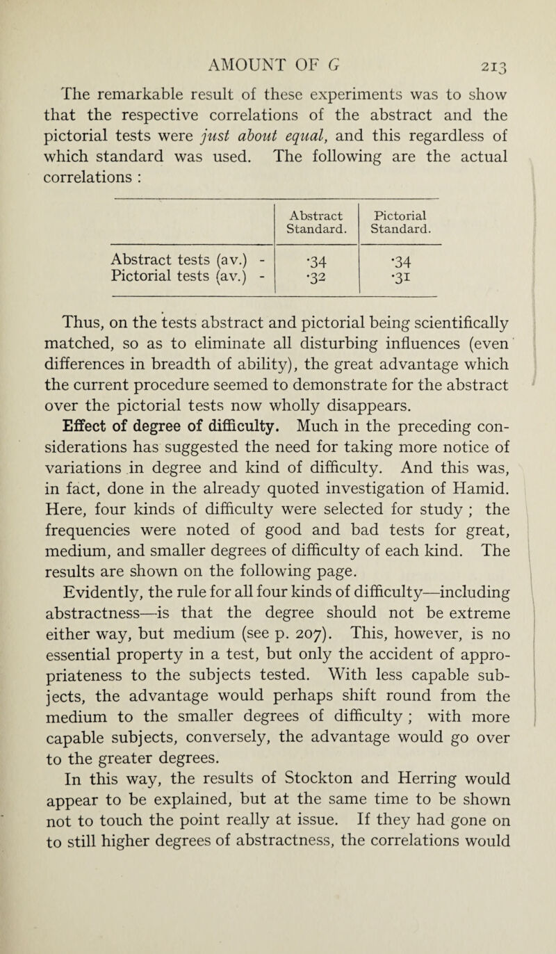The remarkable result of these experiments was to show that the respective correlations of the abstract and the pictorial tests were just about equal, and this regardless of which standard was used. The following are the actual correlations : Abstract Pictorial Standard. Standard. Abstract tests (av.) - •34 •34 Pictorial tests (av.) - •32 •3i Thus, on the tests abstract and pictorial being scientifically matched, so as to eliminate all disturbing influences (even differences in breadth of ability), the great advantage which the current procedure seemed to demonstrate for the abstract over the pictorial tests now wholly disappears. Effect of degree of difficulty. Much in the preceding con¬ siderations has suggested the need for taking more notice of variations in degree and kind of difficulty. And this was, in fact, done in the already quoted investigation of Hamid. Here, four kinds of difficulty were selected for study ; the frequencies were noted of good and bad tests for great, medium, and smaller degrees of difficulty of each kind. The results are shown on the following page. Evidently, the rule for all four kinds of difficulty—including abstractness—is that the degree should not be extreme either way, but medium (see p. 207). This, however, is no essential property in a test, but only the accident of appro¬ priateness to the subjects tested. With less capable sub¬ jects, the advantage would perhaps shift round from the medium to the smaller degrees of difficulty ; with more capable subjects, conversely, the advantage would go over to the greater degrees. In this way, the results of Stockton and Herring would appear to be explained, but at the same time to be shown not to touch the point really at issue. If they had gone on to still higher degrees of abstractness, the correlations would