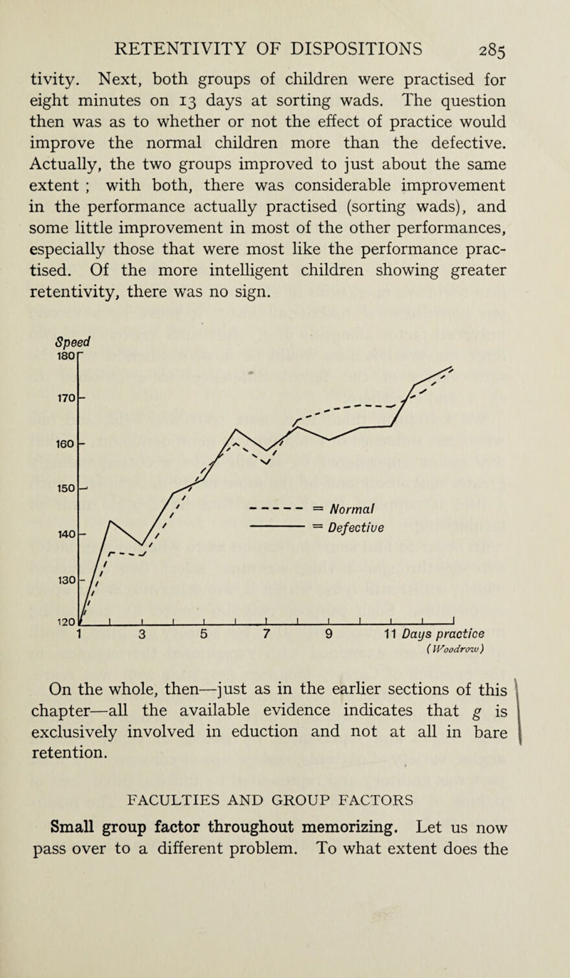 tivity. Next, both groups of children were practised for eight minutes on 13 days at sorting wads. The question then was as to whether or not the effect of practice would improve the normal children more than the defective. Actually, the two groups improved to just about the same extent ; with both, there was considerable improvement in the performance actually practised (sorting wads), and some little improvement in most of the other performances, especially those that were most like the performance prac¬ tised. Of the more intelligent children showing greater retentivity, there was no sign. Speed On the whole, then—just as in the earlier sections of this chapter—all the available evidence indicates that g is exclusively involved in eduction and not at all in bare retention. FACULTIES AND GROUP FACTORS Small group factor throughout memorizing. Let us now pass over to a different problem. To what extent does the
