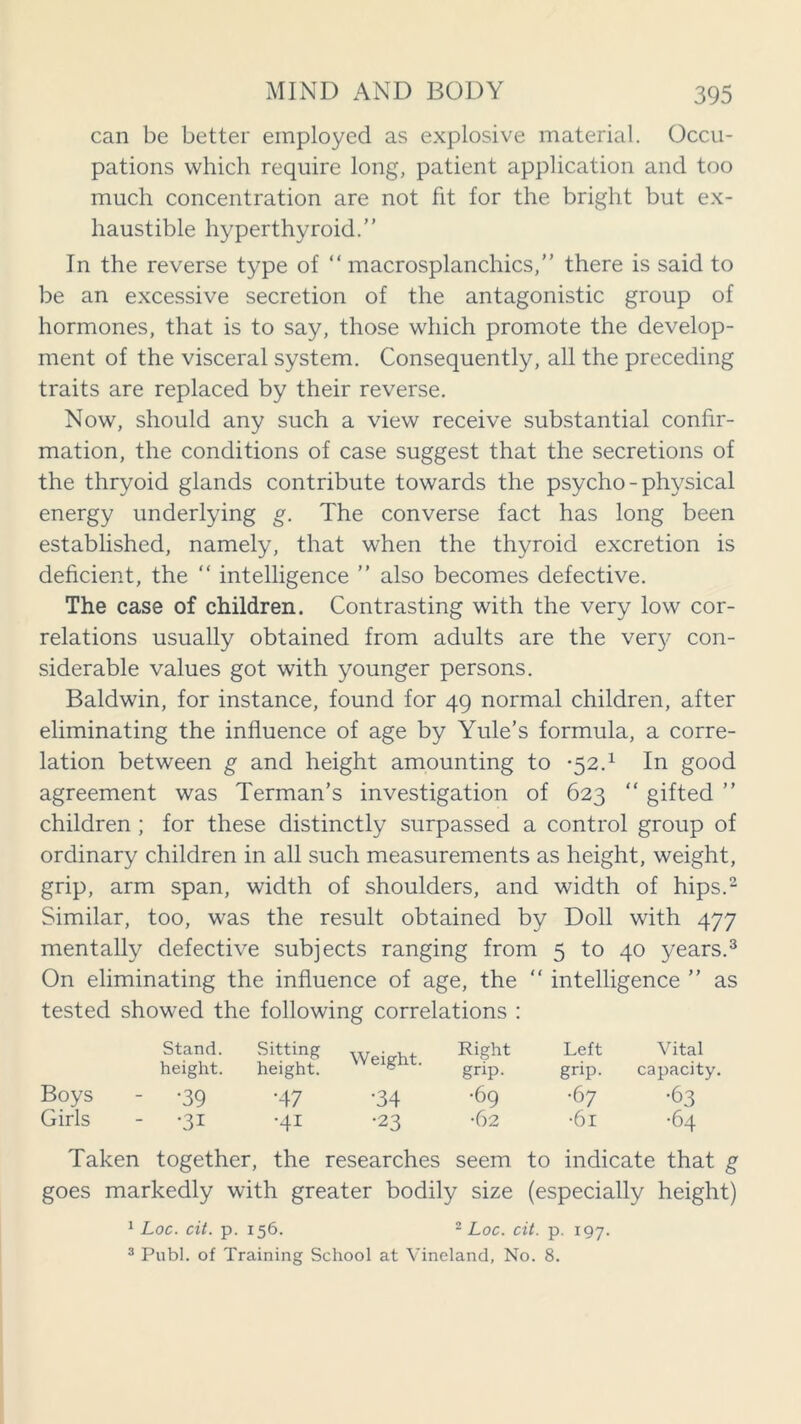 can be better employed as explosive material. Occu- pations which require long, patient application and too much concentration are not fit for the bright but ex- haustible hyperthyroid.” In the reverse type of “ macrosplanchics,” there is said to be an excessive secretion of the antagonistic group of hormones, that is to say, those which promote the develop- ment of the visceral system. Consequently, all the preceding traits are replaced by their reverse. Now, should any such a view receive substantial confir- mation, the conditions of case suggest that the secretions of the thryoid glands contribute towards the psycho - physical energy underlying g. The converse fact has long been established, namely, that when the thyroid excretion is deficient, the “ intelligence ” also becomes defective. The case of children. Contrasting with the very low cor- relations usually obtained from adults are the very con- siderable values got with younger persons. Baldwin, for instance, found for 49 normal children, after eliminating the influence of age by Yule’s formula, a corre- lation between g and height amounting to -52.1 In good agreement was Terman’s investigation of 623 “ gifted ” children ; for these distinctly surpassed a control group of ordinary children in all such measurements as height, weight, grip, arm span, width of shoulders, and width of hips.2 Similar, too, was the result obtained by Doll with 477 mentally defective subjects ranging from 5 to 40 years.3 On eliminating the influence of age, the “ intelligence ” as tested showed the following correlations : Stand. Sitting YV p i crh f Right Left Vital height. height. V Y L. griP- grip- capacity. Boys - -39 •47 •34 •69 •67 •b3 Girls - -31 •41 •23 •62 •6l •64 Taken together. , the researches seem to indicate that g goes markedly with greater bodily size (especially height) 1 Loc. cit. p. 156. 2 Loc. cit. p. 197. 3 Publ. of Training School at Vineland, No. 8.
