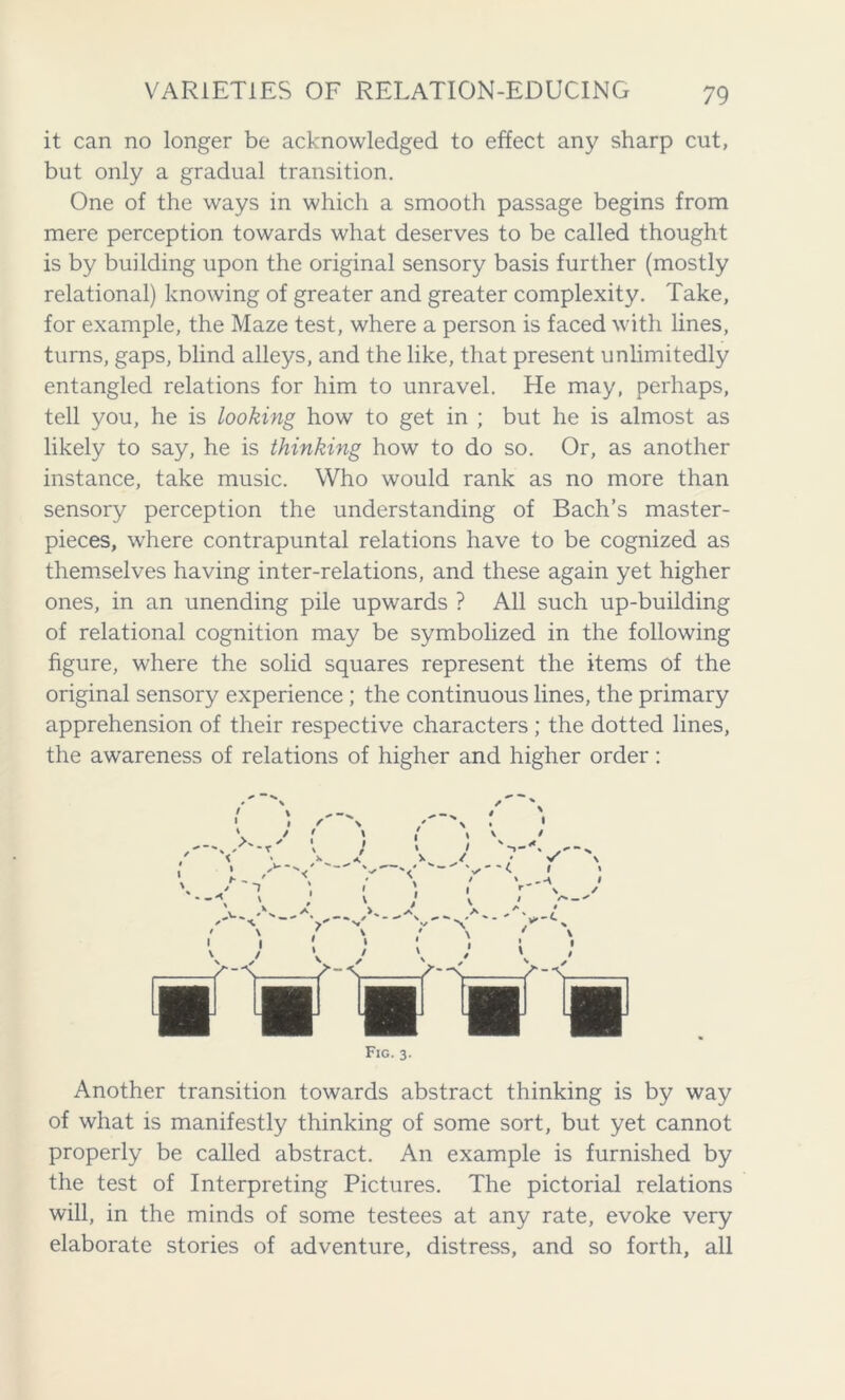it can no longer be acknowledged to effect any sharp cut, but only a gradual transition. One of the ways in which a smooth passage begins from mere perception towards what deserves to be called thought is by building upon the original sensory basis further (mostly relational) knowing of greater and greater complexity. Take, for example, the Maze test, where a person is faced with lines, turns, gaps, blind alleys, and the like, that present unlimitedly entangled relations for him to unravel. He may, perhaps, tell you, he is looking how to get in ; but he is almost as likely to say, he is thinking how to do so. Or, as another instance, take music. Who would rank as no more than sensory perception the understanding of Bach’s master- pieces, where contrapuntal relations have to be cognized as themselves having inter-relations, and these again yet higher ones, in an unending pile upwards ? All such up-building of relational cognition may be symbolized in the following figure, where the solid squares represent the items of the original sensory experience ; the continuous lines, the primary apprehension of their respective characters ; the dotted lines, the awareness of relations of higher and higher order: Fig. 3. Another transition towards abstract thinking is by way of what is manifestly thinking of some sort, but yet cannot properly be called abstract. An example is furnished by the test of Interpreting Pictures. The pictorial relations will, in the minds of some testees at any rate, evoke very elaborate stories of adventure, distress, and so forth, all