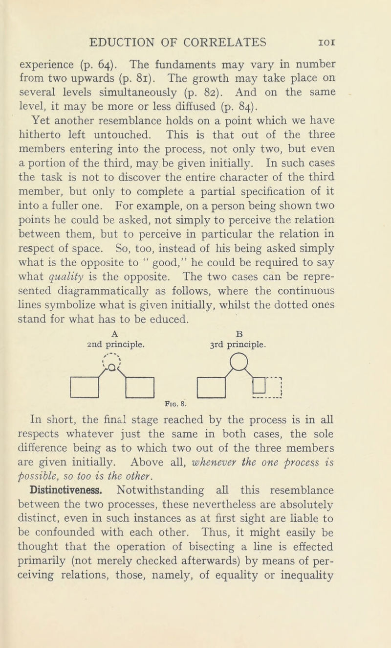 experience (p. 64). The fundaments may vary in number from two upwards (p. 81). The growth may take place on several levels simultaneously (p. 82). And on the same level, it may be more or less diffused (p. 84). Yet another resemblance holds on a point which we have hitherto left untouched. This is that out of the three members entering into the process, not only two, but even a portion of the third, may be given initially. In such cases the task is not to discover the entire character of the third member, but only to complete a partial specification of it into a fuller one. For example, on a person being shown two points he could be asked, not simply to perceive the relation between them, but to perceive in particular the relation in respect of space. So, too, instead of his being asked simply what is the opposite to “ good,” he could be required to say what quality is the opposite. The two cases can be repre- sented diagrammatically as follows, where the continuous lines symbolize what is given initially, whilst the dotted ones stand for what has to be educed. A B 2nd principle. 3rd principle. Fig. 8. In short, the final stage reached by the process is in all respects whatever just the same in both cases, the sole difference being as to which two out of the three members are given initially. Above all, whenever the one process is possible, so too is the other. Distinctiveness. Notwithstanding all this resemblance between the two processes, these nevertheless are absolutely distinct, even in such instances as at first sight are liable to be confounded with each other. Thus, it might easily be thought that the operation of bisecting a line is effected primarily (not merely checked afterwards) by means of per- ceiving relations, those, namely, of equality or inequality