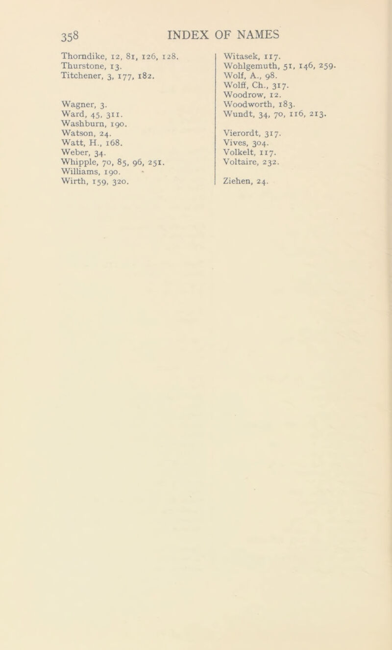 Thorndike, 12, 81, 126, 128. Thurstone, 13. Titchener, 3, 177, 182, Wagner, 3. Ward, 45, 311. Washburn, 190. Watson, 24. Watt, H„ 168. Weber, 34. Whipple, 70, 85, 96, 251. Williams, 190. Wirth, 159, 320. Witasek, 117. Wohlgemuth, 51, 146, 259. Wolf, A., 98. Wolff, Ch., 317. Woodrow, 12. Woodworth, 183. Wundt, 34, 70, 116, 213. Vierordt, 317. Vives, 304. Volkelt, 117. Voltaire, 232. Ziehen, 24.