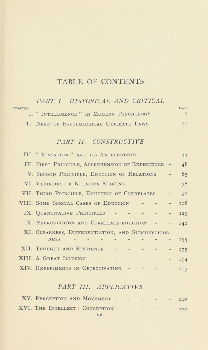 PART I. HISTORICAL AND CRITICAL HAPTER PAGE I. “ Intelligence ” in Modern Psychology i II. Need of Psychological Ultimate Laws 21 PART II. CONSTRUCTIVE III. “ Sensation ” and its Antecedents 33 IV. First Principle, Apprehension of Experience - 48 V. Second Principle, Eduction of Relations - 63 VI. Varieties of Relation-Educing 78 VII. Third Principle, Eduction of Correlates - 91 VIII. Some Special Cases of Eduction - 108 IX. Quantitative Principles ----- 129 X. Reproduction and Correlate-eduction - - 142 XI. Clearness, Differentiation, and Subconscious- ness -------- 155 XII. Thought and Sentience 175 XIII. A Great Illusion 194 XIV. Experiments in Objectivating - - - - 217 PART III. APPLICATIVE XV. Perception and Movement 240 XVI. The Intellect : Conception - 262