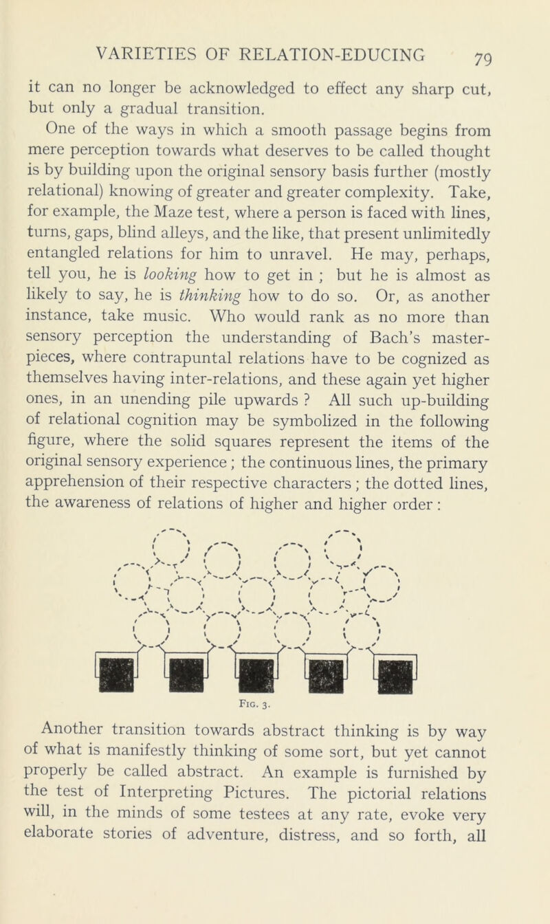 it can no longer be acknowledged to effect any sharp cut, but only a gradual transition. One of the ways in which a smooth passage begins from mere perception towards what deserves to be called thought is by building upon the original sensory basis further (mostly relational) knowing of greater and greater complexity. Take, for example, the Maze test, where a person is faced with lines, turns, gaps, blind alleys, and the like, that present unlimitedly entangled relations for him to unravel. He may, perhaps, tell you, he is looking how to get in ; but he is almost as likely to say, he is thinking how to do so. Or, as another instance, take music. Who would rank as no more than sensory perception the understanding of Bach’s master- pieces, where contrapuntal relations have to be cognized as themselves having inter-relations, and these again yet higher ones, in an unending pile upwards ? All such up-building of relational cognition may be symbolized in the following figure, where the solid squares represent the items of the original sensory experience; the continuous lines, the primary apprehension of their respective characters; the dotted lines, the awareness of relations of higher and higher order: Another transition towards abstract thinking is by way of what is manifestly thinking of some sort, but yet cannot properly be called abstract. An example is furnished by the test of Interpreting Pictures. The pictorial relations will, in the minds of some testees at any rate, evoke very elaborate stories of adventure, distress, and so forth, all