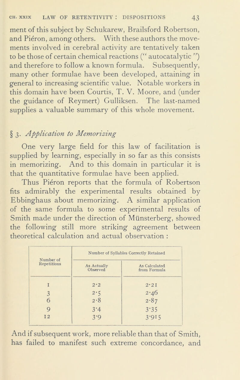 ment of this subject by Schukarew, Brailsford Robertson, and Pieron, among others. With these authors the move- ments involved in cerebral activity are tentatively taken to be those of certain chemical reactions (“ autocatalytic ”) and therefore to follow a known formula. Subsequently, many other formulae have been developed, attaining in general to increasing scientific value. Notable workers in this domain have been Courtis, T. V. Moore, and (under the guidance of Reymert) Gulliksen. The last-named supplies a valuable summary of this whole movement. § 3. Application to Memorizing One very large field for this law of facilitation is supplied by learning, especially in so far as this consists in memorizing. And to this domain in particular it is that the quantitative formulae have been applied. Thus Pieron reports that the formula of Robertson fits admirably the experimental results obtained by Ebbinghaus about memorizing. A similar application of the same formula to some experimental results of Smith made under the direction of Munsterberg, showed the following still more striking agreement between theoretical calculation and actual observation : Number of Repetitions Number of Syllables Correctly Retained As Actually Observed As Calculated from Formula I 2*2 2-21 3 2T 2-46 6 2-8 2-87 9 3*4 3*35 12 3*9 3-9I5 And if subsequent work, more reliable than that of Smith, has failed to manifest such extreme concordance, and