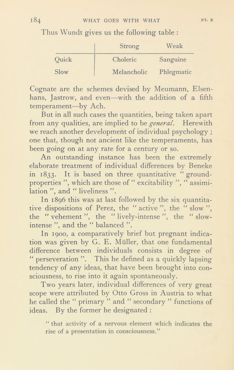 Thus Wundt gives us the following table : Strong Weak Quick Choleric Sanguine Slow Melancholic Phlegmatic Cognate are the schemes devised by Meumann, Elsen- hans, Jastrow, and even—with the addition of a fifth temperament—by Ach. But in all such cases the quantities, being taken apart from any qualities, are implied to bz general. Herewith we reach another development of individual psychology ; one that, though not ancient like the temperaments, has been going on at any rate for a century or so. An outstanding instance has been the extremely elaborate treatment of individual differences by Beneke in 1833. It is based on three quantitative “ ground- properties ”, which are those of “ excitability ”, “ assimi- lation ”, and “ liveliness ”. In 1896 this was at last followed by the six quantita- tive dispositions of Perez, the “ active ”, the “ slow ”, the “ vehement ”, the “ lively-intense ”, the “ slow- intense ”, and the “ balanced ”. In 1900, a comparatively brief but pregnant indica- tion was given by G. E. Muller, that one fundamental difference between individuals consists in degree of “ perseveration ”. This he defined as a quickly lapsing tendency of any ideas, that have been brought into con- sciousness, to rise into it again spontaneously. Two years later, individual differences of very great scope were attributed by Otto Gross in Austria to what he called the “ primary ” and “ secondary ” functions of ideas. By the former he designated : “ that activity of a nervous element which indicates the rise of a presentation in consciousness.”