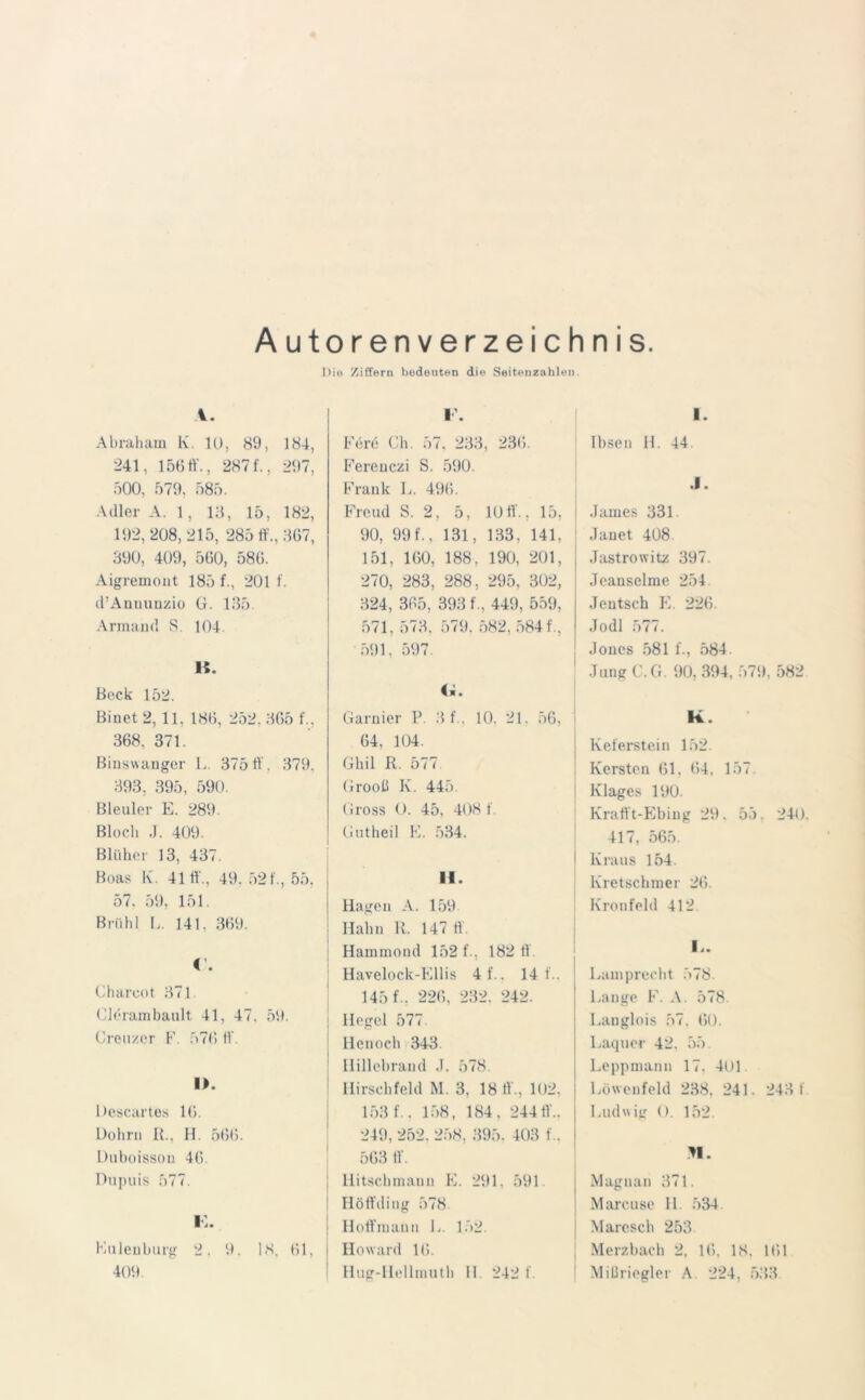 Autorenverzeichnis. l)io Ziffern bedeuten die Seitenzahlen Abraham K. 10, 89, 184, •241, 15611'., 2871'., 297, 500, 579, 585. Adler A. 1, 18, 15, 182, 192, 208,215, 285 ff., 367, 390, 409, 560, 586. Aigremont 185 f., 201 f. d’Aununzio G. 135. Armand S. 104. H. Beck 152. Bi net 2, 11, 186, 252,365 f., 368, 371. Binswanger L. 375 9 . 379. 393, 395, 590. Bleuler E. 289. Bloch .1. 409. Blühet- 13, 437. Boas K. 41«'., 49. 521., 55, 57. 59, 151. Brühl L. 141, 369. C . Chareot 371 Clerambault 41, 47. 59. Grenzer F. 576 «'. 1>. Descar tes 16. Üohrn R., H. 566. Duboisson 46. Dupuis 577. i-:. Eulenburg 2. 9. 18, 61, 409. F. F6r6 Ch. 57, 233, 236. Ferenczi S. 590. Frank L. 496. Freud S. 2, 5, 10«., 15, 90, 99f., 131, 133, 141, 151, 160, 188, 190, 201, 270, 283, 288, 295, 302, 324, 365, 393 f., 449, 559, 571, 573. 579. 582, 584 f., 591, 597. C jJ • Garnier P. 3 f., 10, 21. 56, 64, 104. Ghil R. 577. Grooß K. 445. Gross 0. 45, 408 t . Gutheil E. 534. II. Hagen A. 159 Hahn R. 147 «'. Hammond 152 f., 182 « Havelock-Ellis 4 f.. 14 t'.. 145 f., 226, 232. 242. Hegel 577 Hcuoch 343 Hillebrand .1. 578. llirschfeltl M. 3. 18«., 102. 153 f .. 158, 184, 244«'.. 249, 252, 258. 395. 403 f.. 563 «'. llitschmann E. 291. 591. Höffding 578. Hoff mann E. 152. Howard 16. Hug-Hellmutb II 242 f. 1. Ibsen H. 44. .1. James 331 1 Janet 408 | Jastrowitz 397. Jeanselme 254. Jentsch E. 226. Jo dl 577. I Jones 581 f., 584. Jung C. G. 90,394, 579, 582 k. Keferstein 152. Kersten 61. 64, 157. Klages 190. Krafft-Ebing 29. 55. 240. 417, 565. i Kraus 154. Kretschmer 26. Kronfeld 412 l, . ! Lamprecht 578. Lange F. A. 578. Langlois 57. 60. Laquer 42. 55. Leppmann 17. 401. Löwenfeld 238. 241. 243 t Ludwig 0. 152. n. Magnat) 371. Marcuse II 534 Marcsch 253 Merzbach 2, 16. 18, 161 \I iß riegle r A 224, 533