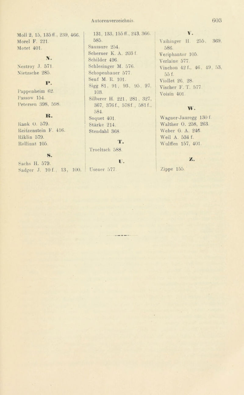 Moll 2, 15, 13511'., 239, 4(515. Morel F. 221 Motet 401. N. Nestroy ,T. 571 Nietzsche 285. I*. 1‘appcnheim (52. Passow 154. l’etersen 398, 598. K. Rank U. 579. Reitzenstein F. 41(5. Riklin 579. Rolli nat 105. S. Sachs II. 579. Sadger J. 10 f.. 13, 100. 131, 133, 155« ., 243. 3(5(5. 585. Saussure 254. Scherner K. A. 203 1 Schilder 496. Schlesinger M. 57(5 Schopenhauer 577. Senf M. 11. 101. Sigg 81, 91 , 93, 95, 97. 103. Silberer H. 221, 281, 327, 367, 376f., 578 f., 581 f., 584. Soquet 401 Stärke 214. Steudahl 368 T. Troeltsch 588. U. Usener 577. V. Vaihinger 11 255. 369. 586. Veriphantor 105. Verlaine 577. Vinchon 42 f., 4(5, 49 53, 55 f. Viollet 26, 28. Vischer F. T. 577 Voisin 401 IV. Wagner-Jauregg 130 f Walther 0. 258, 263 Weber G. A. 246 Weil A. 534 f. Wulffen 157, 401 Z. Zippe 155.