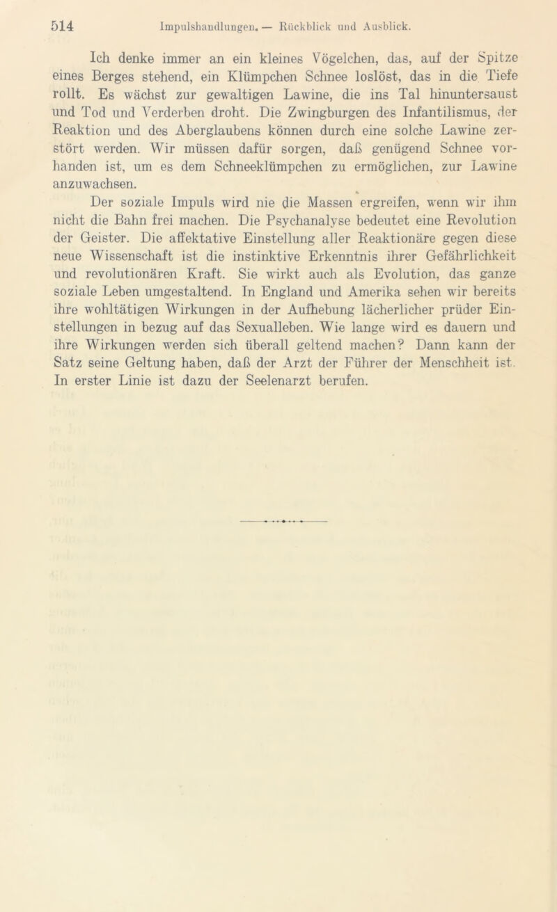 Ich denke immer an ein kleines Vögelchen, das, auf der Spitze eines Berges stehend, ein Klümpchen Schnee loslöst, das in die Tiefe rollt. Es wächst zur gewaltigen Lawine, die ins Tal hinuntersaust und Tod und Verderben droht. Die Zwingburgen des Infantilismus, der Reaktion und des Aberglaubens können durch eine solche Lawine zer- stört werden. Wir müssen dafür sorgen, daß genügend Schnee vor- handen ist, um es dem Schneeklümpchen zu ermöglichen, zur Lawine an Zuwachsen. Der soziale Impuls wird nie die Massen ergreifen, wenn wir ihm nicht die Bahn frei machen. Die Psychanalyse bedeutet eine Revolution der Geister. Die affektative Einstellung aller Reaktionäre gegen diese neue Wissenschaft ist die instinktive Erkenntnis ihrer Gefährlichkeit und revolutionären Kraft. Sie wirkt auch als Evolution, das ganze soziale Leben umgestaltend. In England und Amerika sehen wir bereits ihre wohltätigen Wirkungen in der Aufhebung lächerlicher prüder Ein- stellungen in bezug auf das Sexualleben. Wie lange wird es dauern und ihre Wirkungen worden sich überall geltend machen? Dann kann der Satz seine Geltung haben, daß der Arzt der Führer der Menschheit ist. In erster Linie ist dazu der Seelenarzt berufen.