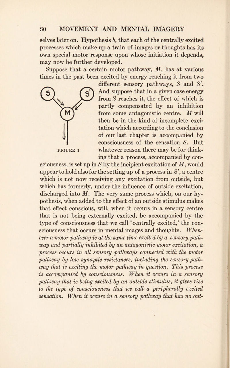 FIGURE 1 selves later on. Hypothesis b, that each of the centrally excited processes which make up a train of images or thoughts has its own special motor response upon whose initiation it depends, may now be further developed. Suppose that a certain motor pathway, M, has at various times in the past been excited by energy reaching it from two different sensory pathways, S and S'. And suppose that in a given case energy from 5 reaches it, the effect of which is partly compensated by an inhibition from some antagonistic centre. M will then be in the kind of incomplete exci¬ tation which according to the conclusion of our last chapter is accompanied by consciousness of the sensation S. But whatever reason there may be for think¬ ing that a process, accompanied by con¬ sciousness, is set up in S by the incipient excitation of M, would appear to hold also for the setting up of a process in S', a centre which is not now receiving any excitation from outside, but which has formerly, under the influence of outside excitation, discharged into M. The very same process which, on our hy¬ pothesis, when added to the effect of an outside stimulus makes that effect conscious, will, when it occurs in a sensory centre that is not being externally excited, be accompanied by the type of consciousness that we call ‘centrally excited,’ the con¬ sciousness that occurs in mental images and thoughts. When¬ ever a motor pathway is at the same time excited by a sensory path¬ way and partially inhibited by an antagonistic motor excitation, a process occurs in all sensory pathways connected with the motor pathway by low synaptic resistances, including the sensory path¬ way that is exciting the motor pathway in question. This process is accompanied by consciousness. When it occurs in a sensory pathway that is being excited by an outside stimulus, it gives rise to the type of consciousness that we call a peripherally excited sensation. When it occurs in a sensory pathway that has no out-