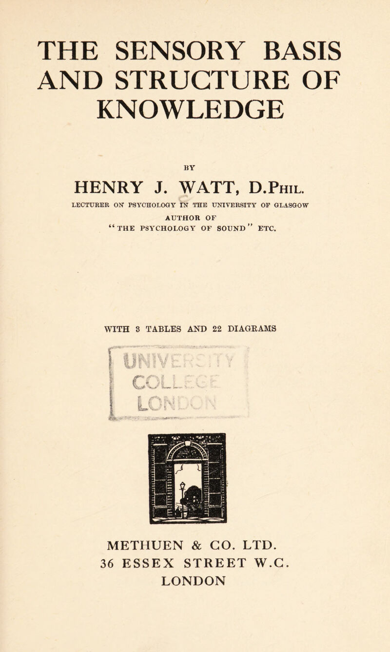 AND STRUCTURE OF KNOWLEDGE BY HENRY J. WATT, D.Phil. LECTURER OK PSYCHOLOGY IN THE UNIVERSITY OF GLASGOW AUTHOR OF “THE PSYCHOLOGY OF sound” ETC. WITH 3 TABLES AND 22 DIAGRAMS METHUEN & CO. LTD. 36 ESSEX STREET W.C. LONDON