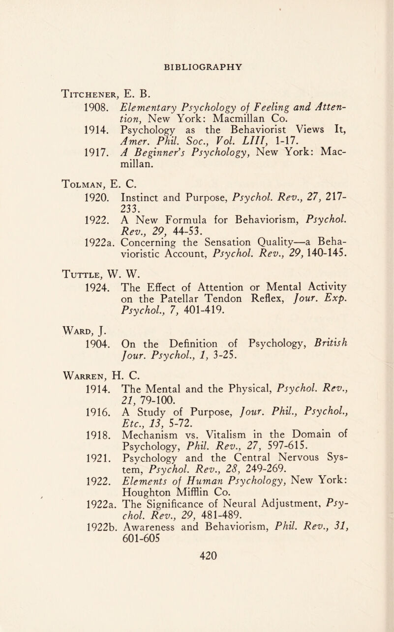 Titchener, E. B. 1908. Elementary Psychology of Feeling and Atten¬ tion, New York: Macmillan Co. 1914. Psychology as the Behaviorist Views It, Amer. Phil. Soc., Vol. LIII, 1-17. 1917. A Beginner's Psychology, New York: Mac¬ millan. Tolman, E. C. 1920. Instinct and Purpose, Psychol. Rev., 27, 217- 233. 1922. A New Formula for Behaviorism, Psychol. Rev., 29, 44-53. 1922a. Concerning the Sensation Quality—a Beha¬ vioristic Account, Psychol. Rev., 29, 140-145. Tuttle, W. W. 1924. The Effect of Attention or Mental Activity on the Patellar Tendon Reflex, Jour. Exp. Psychol., 7, 401-419. Ward, J. 1904. On the Definition of Psychology, British Jour. Psychol., 1, 3-25. Warren, H. C. 1914. The Mental and the Physical, Psychol. Rev., 21, 79-100. 1916. A Study of Purpose, Jour. Phil., Psychol., Etc., 13, 5-72. 1918. Mechanism vs. Vitalism in the Domain of Psychology, Phil. Rev., 27, 597-615. 1921. Psychology and the Central Nervous Sys¬ tem, Psychol. Rev., 28, 249-269. 1922. Elements of Human Psychology, New York: Houghton Mifflin Co. 1922a. The Significance of Neural Adjustment, Psy¬ chol. Rev., 29, 481-489. 1922b. Awareness and Behaviorism, Phil. Rev., 31, 601-605