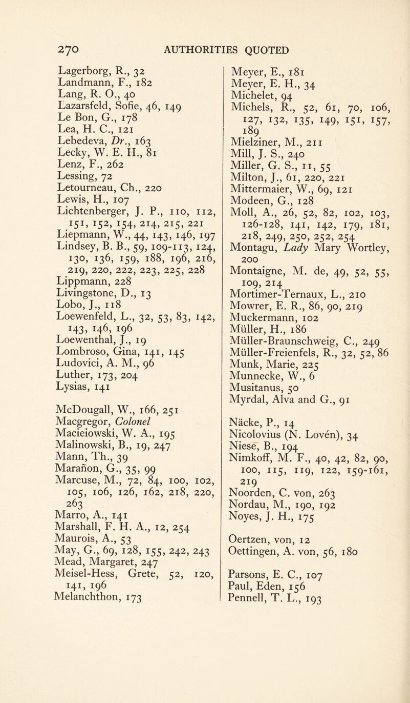 Lagerborg, R., 32 Landmann, F., 182 Lang, R. O., 40 Lazarsfeld, Sofie, 46, 149 Le Bon, G., 178 Lea, H. C., 121 Lebedeva, Dr., 163 Lecky, W. E. H., 81 Lenz, F., 262 Lessing, 72 Letourneau, Ch., 220 Lewis, IT., 107 Lichtenberger, J. P., no, 112, 75L 152, i54> 214, 215, 221 Liepmann, W., 44, 143, 146, 197 Lindsey, B. B., 59, 109-113, 124, I3°> J36> j59> i88> I()6> 2i6> 219, 220, 222, 223, 225, 228 Lippmann, 228 Livingstone, D., 13 Lobo, J., 118 Loewenfeld, L., 32, 53, 83, 142, r43> I4(>, 196 Loewenthal, J., 19 Lombroso, Gina, 141, 145 Ludovici, A. M., 96 Luther, 173, 204 Lysias, 141 McDougall, W., 166, 251 Macgregor, Colonel Macieiowski, W. A., 195 Malinowski, B., 19, 247 Mann, Th., 39 Maranon, G., 35, 99 Marcuse, M., 72, 84, 100, 102, 105, 106, 126, 162, 218, 220, 263 Marro, A., 141 Marshall, F. H. A., 12, 254 Maurois, A., 53 May, G., 69, 128, 155, 242, 243 Mead, Margaret, 247 Meisel-Hess, Grete, 52, 120, 141, 196 Melanchthon, 173 Meyer, E., 181 Meyer, E. H., 34 Michelet, 94 Michels, R., 52, 61, 70, 106, 127, 132, 135, 149, 151, 157, 189 Mielziner, M., 211 Mill, J. S., 240 Miller, G. S., n, 55 Milton, J., 61, 220, 221 Mittermaier, W., 69, 121 Modeen, G., 128 Moll, A., 26, 52, 82, 102, 103, 126-128, 141, 142, 179, 181, 218,249,250,252,254 Montagu, Lady Mary Wortley, 200 Montaigne, M. de, 49, 52, 55, IO9, 214 Mortimer-Ternaux, L., 210 Mowrer, E. R., 86, 90, 219 Muckermann, 102 Muller, H., 186 Miiller-Braunschweig, C., 249 Muller-Freienfels, R., 32, 52, 86 Munk, Marie, 225 Munnecke, W., 6 Musitanus, 50 Myrdal, Alva and G., 91 Nacke, P., 14 Nicolovius (N. Loven), 34 Niese, B., 194 Nimkoff, M. F., 40, 42, 82, 90, 100, 115, 119, 122, 159-161, 219 Noorden, C. von, 263 Nordau, M., 190, 192 Noyes, J. H., 175 Oertzen, von, 12 Oettingen, A. von, 56, 180 Parsons, E. C., 107 Paul, Eden, 156 Pennell, T. L., 193