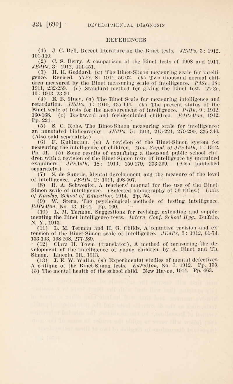 [OOUJ DLVELOP M L N TA L DIAGNOSIS REFERENCES (1) J. C. Bell, Recent literature on the Binet tests. JEdPs, 3: 1012, 101-110. (2) C. S. Berry, A comparison of the Binet tests of 1008 and 1011. JEdPs, 3: 1012, 444-451. (3) II. II. Goddard, (a) The Binet-Simon measuring scale for intelli¬ gence. Revised. TrSc, 8: 1011, 50-02. (b) Two thousand normal chil¬ dren measured by the Binet measuring scale of intelligence. PdSc, 18: 1011, 232-259. (c) Standard method fgr giving the Binet test. TrSc, 10:1913,23-30. (4) E. B. Huey, (a) The Binet Scale for measuring intelligence and retardation. JEdPs, 1: 1010, 435-444. (b) The present status of the Binet scale of tests for the measurement of intelligence. PsBn, 0: 1012, 100-108. (c) Backward and feeble-minded children. EdPsMon, 1012. Pp. 221. (5) S. C. Kohs, The Binet-Simon measuring scale for intelligence: an annotated bibliography. JEdPs, 5: 1014, 215-224, 270-200, 335-340. (Also sold separately.) » (0) F. Kuhlmann, (a) A revision of the Binet-Simon system for measuring the intelligence of children. Mon. Sup pi. of JPsAsth, 1: 1012. Pp. 41. (5) Some results of examining a thousand public school chil¬ dren with a revision of the Binet-Simon tests of intelligence by untrained examiners. JPsAsth, 18: 1014, 150-179, 233-209. (Also published separately.) (7) S. de Sanctis, Mental development and the measure of the level of intelligence. JEdPs. 2: 1011, 408-507. (8) R. A. Scliwegler, A teachers’ manual for the use of the Binet- Simon scale of intelligence. (Selected bibliography of 5G titles.) Univ. of Kansas, School of Education, 1014. Pp. 56. (9) W. Stern, The psychological- methods of testing intelligence. EdPsMon, No. 13, 1914. Pp. 100. (10) L. M. Terinan, Suggestions for revising, extending and supple¬ menting the Binet intelligence tests. Intern. Conf. School Hug., Buffalo, N. Y., 1013. (11) L. M. Terinan and II. G. Childs, A tentative revision and ex¬ tension of the Binet-Simon scale of intelligence. JEdPs, 3: 1012, 01-74, 133-143, 198-20S, 277-289. * (12) Clara II. Town (translator), A'method of measuring the de¬ velopment of the intelligence of young children, by A. Binet and Th. Simon. Lincoln, Ill., 1013. (13) J. E. W. Wallin, (a) Experimental studies of mental defectives. A critique of the Binet-Simon tests. EdPsMon, No. 7, 1012. Pp. 155. (b) The mental health of the school child. New Haven, 1014. Pp. 403.