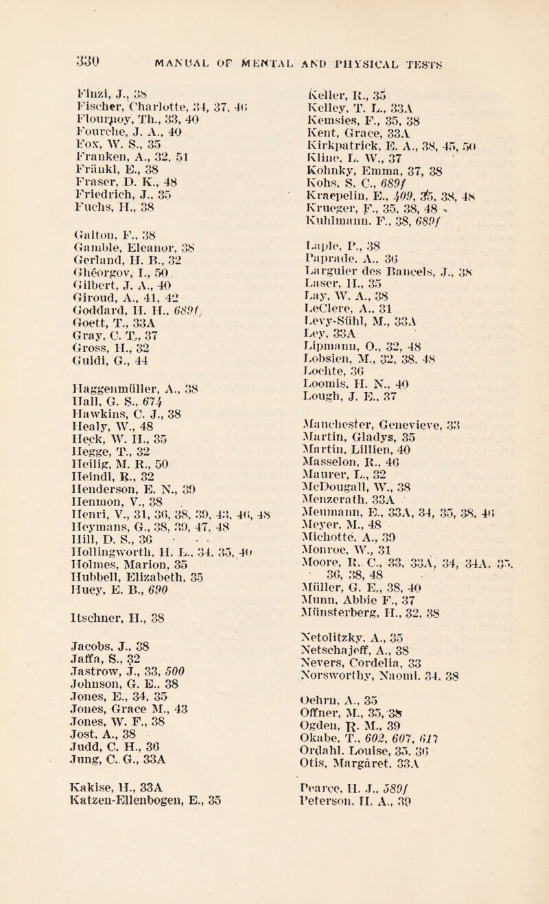 Finzi, J., 38 Fischer, Charlotte, 34, 37, 46 Flournoy, Til., 33, 40 Fourche, J. A., 40 Fox, W. S., 35 Franken, A., 32, 51 Friinkl, E., 38 Fraser, D. K., 48 Friedrich, J., 35 Fuclis, II., 38 Galton, F., 38 Gamble, Eleanor, 38 Gerland, H. B., 32 Gheorgov, I., 50. Gilbert. J. A., 40 Giroud, A., 41, 42 Goddard, II. H., 689 f, Goett, T., 33A Gray, C. T,, 37 Gross, H., 32 Guidi, G., 44 Haggenmiiller, A., 38 Hall, G. S., 6Vf Hawkins, C. J., 38 Ilealy, W., 48 Heck, W. H., 35 Hegge, T., 32 lleilig, M. R., 50 Ileindl, R., 32 Henderson, E. N., 30 Ilenmon, V., 38 Henri, V., 31, 30, 38, 39, 43, 40, 48 lloymans, G., 38. 30, 47. 48 Hill, D. S., 3G ' • • Hollingworth, H. L.. 34. 35, ,40 Holmes, Marion, 35 Ilubbell, Elizabeth, 35 Huey, E. B., 690 Itschner, H., 38 Jacobs, J., 38 Jaffa, S., ?2 Jastrow, J., 33, 500 Johnson, G. E.. 38 Jones, E., 34, 35 Jones, Grace M., 43 Jones, W. F., 38 Jost, A., 38 Judd, C. H., 36 Jung, O. G., 33A Kakise, H., 33A Katzeu-Ellenbogen, E., 35 Keller, R., 35 Kelley, T. L., 33A Kemsies, F., 35, 38 Kent, Grace, 33A Kirkpatrick, E. A., 38, 45, 50 Kline. L. W., 37 Kolinky, Emma, 37, 38 Kohs, S. C., 689f Kraepelin, E„ J,09, 3o, 38, 48 Krueger, F., 35, 38, 48 - Kuhlmann. F., 38, 689f Laple, P., 38 Faprade, A., 36 Larguier des Bancels, J., 38 Laser, II., 35 Lay, W. A., 38 LeClere, A., 31 Levy-Slihl, M., 33A Ley, 33A Lipinann, O., 32, 48 Lobsien, M., 32, 38. 48 Loehte, 36 Loomis, H. N., 40 Lough, J. E., 37 Manchester, Genevieve, 33 Martin, Gladys, 35 Martin, Lillien, 40 Masselon, R., 46 Maurer, L., 32 McDougall, W., 38 Menzerath, 33A Meumann, E., 33A, 34, 35, 38, 46 Meyer, M., 48 Miehotte. A., 30 Monroe, W., 31 Moore, It. C., 33, 33A. 34, 34A. 3 • 36, 38, 48 Muller, G. E„ 38, 40 Munn, Abbie F., 37 Miinsterberg, II., 32, 38 Xetolitzky. A., 35 Netschajeff, A., 3S Nevers, Cordelia, 33 Xorswortliy, Naomi. 34. 38 Oehrn, A., 35 Offner, M., 35, 38 Ogden, R. M., 30 Okabe, T., 602, 607, 617 Ordahl. Louise, 35. 36 Otis, Margaret, 33A Pearce, II. J., 589f Peterson. II. A., 30