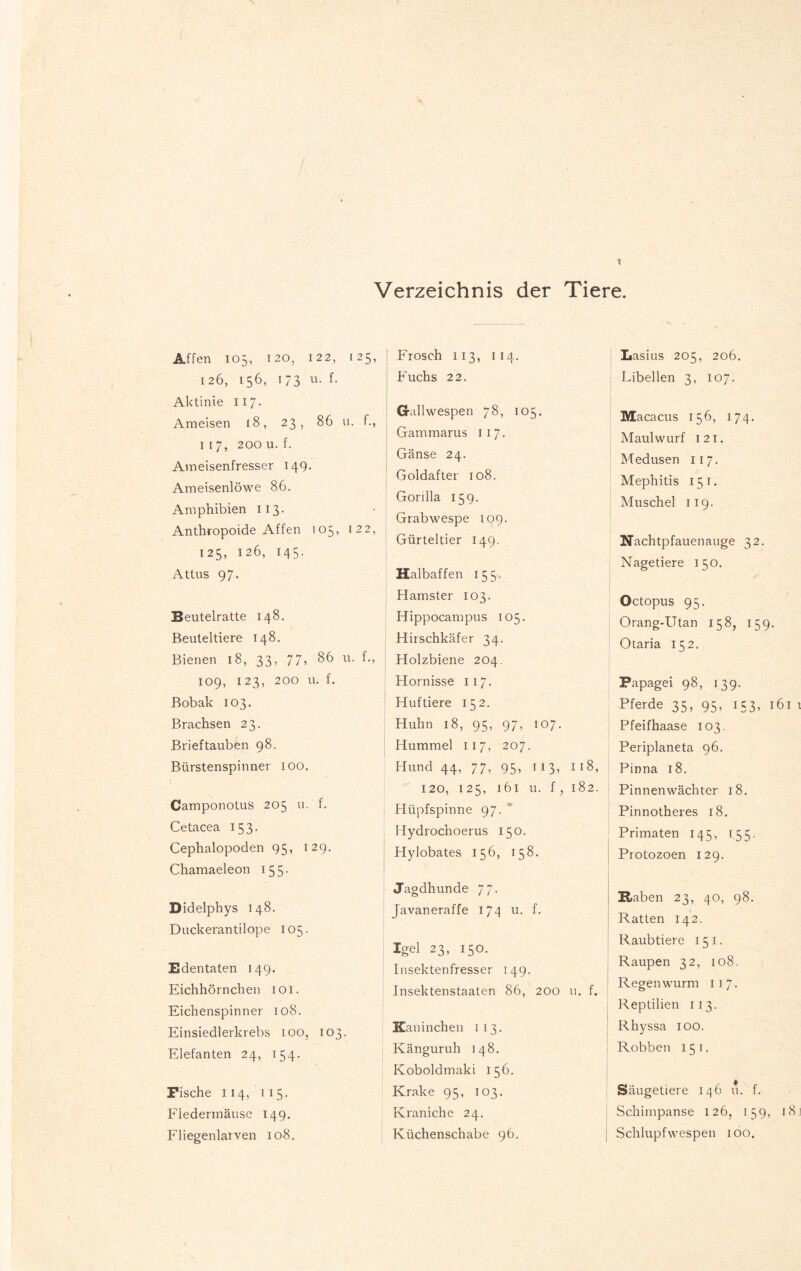 Verzeichnis der Tiere. Affen 105, 120, 122, 125, 126, 156, 173 u- f- Aktinie 117* Ameisen 18, 23, 86 u. f., 117, 200 u. f. Ameisenfresser 149. Ameisenlöwe 86. Amphibien 113. Anthropoide Affen 105, 122, 125, 126, 145. Attus 97. Beutelratte 148. Beuteltiere 148. Bienen 18, 33, 77, 86 u. f., 109, 123, 200 u. f. Bobak 103. Brachsen 23. Brieftauben 98. Bürstenspinner 100. CamponotuS 205 u. f. Cetacea 15 3 • Cephalopoden 95, 129. Chamaeleon 155. Didelphys 148. Duckerantilope 105. Edentaten 149. Eichhörnchen 101. Eichenspinner 108. Einsiedlerkrebs 100, 103. Elefanten 24, 154. Eische 114, 1 15. Fledermäuse 149. Fliegenlarven 108. Frosch 113, 114. Fuchs 22. Gallwespen 78, 105. Gammarus 117. Gänse 24. Goldafter 108. Gorilla 159. Grabwespe 109. Gürteltier 149. Halbaffen 155. Hamster 103. Hippocampus 105. Hirschkäfer 34. Holzbiene 204. Hornisse 117. Huftiere 152. Huhn 18, 95, 97, 107. Hummel 117, 207. Hund 44, 77, 95, 1 13, 118, 120, 125, 161 u. f, 182. Hüpfspinne 97. Hydrochoerus 150. Hylobates 156, 158. Jagdhunde 77. Javaneraffe 174 u. f. Igel 23, 150. Insektenfresser 149. Insektenstaaten 86, 200 u. f. Kaninchen 113. Känguruh 148. Koboldmaki 156. Krake 95, 103. Kraniche 24. Küchenschabe 96. Lasius 205, 206. Libellen 3, 107. Macacus 156, 174. Maulwurf 121. Medusen 117. Mephitis 15 1. Muschel 119. Nachtpfauenauge 32. Nagetiere 150. Octopus 95. Orang-Utan 158, 159. Otaria 152. Papagei 98, 139. Pferde 35, 95, 153, 1 Pfeifhaase 103. Periplaneta 96. Pinna 18. Pinnenwächter 18. Pinnotheres 18. Primaten 145, 155. Protozoen 129. Haben 23, 40, 98. Ratten 142. Raubtiere 151. Raupen 32, 108. Regenwurm 117. Reptilien 113. Rhyssa 100. Robben 151. Säugetiere 146 u. f. Schimpanse 126, 159, j Schlupfwespen 100.