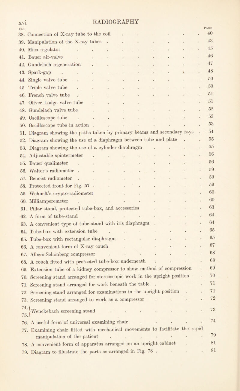 Fig. page 38. Connection of X-ray tube to the coil . . . . • .40 39. Manipulation of the X-ray tubes ....... 43 40. Mica regulator 45 41. Bauer air-valve ......... 46 42. Gundelach regeneration ........ 47 43. Spark-gap 48 44. Single valve tube . . . . • • • • .50 45. Triple valve tube ...•••••• 50 46. French valve tube . . . • • • • • .51 47. Oliver Lodge valve tube . . . . • • • .51 48. Gundelach valve tube 52 49. Oscilloscope tube ..••••••• 53 50. Oscilloscope tube in action 53 51. Diagram showing the paths taken by primary beams and secondary rays . 54 52. Diagram showing the use of a diaphragm between tube and plate . . 55 53. Diagram showing the use of a cylinder diaphragm . . . .55 54. Adjustable spintermeter 56 55. Bauer qualimeter 56 56. Walter’s radiometer 59 57. Benoist radiometer 59 58. Protected front for Fig. 57 . . . . • • • .59 59. Wehnelt’s crypto-radiometer ....... 60 60. Milliamperemeter 60 61. Pillar stand, protected tube-box, and accessories . . . .63 62. A form of tube-stand ........ 64 63. A convenient type of tube-stand with iris diaphragm . . • .64 64. Tube-box with extension tube ....... 65. Tube-box with rectangular diaphragm ...... 65 66. A convenient form of X-ray couch ...... 67. Albers-Schonberg compressor ....... 68 68. A couch fitted with protected tube-box underneath . . . .68 69. Extension tube of a kidney compressor to show method of compression . 69 70. Screening stand arranged for stereoscopic work in the upright position . 70 71. Screening stand arranged for work beneath the table . . • . /1 72. Screening stand arranged for examinations in the upright position . . /I 73. Screening stand arranged to work as a compressor . . • .72 74 1 * [Wenckebach screening stand . . • • • • .73 75. J 76. A useful form of universal examining chair . . • • '4 77. Examining chair fitted with mechanical movements to facilitate the rapid manipulation of the patient ^ 78. A convenient form of apparatus arranged on an upright cabinet . . 81 79. Diagram to illustrate the parts as arranged in Fig. 78 . . • .81