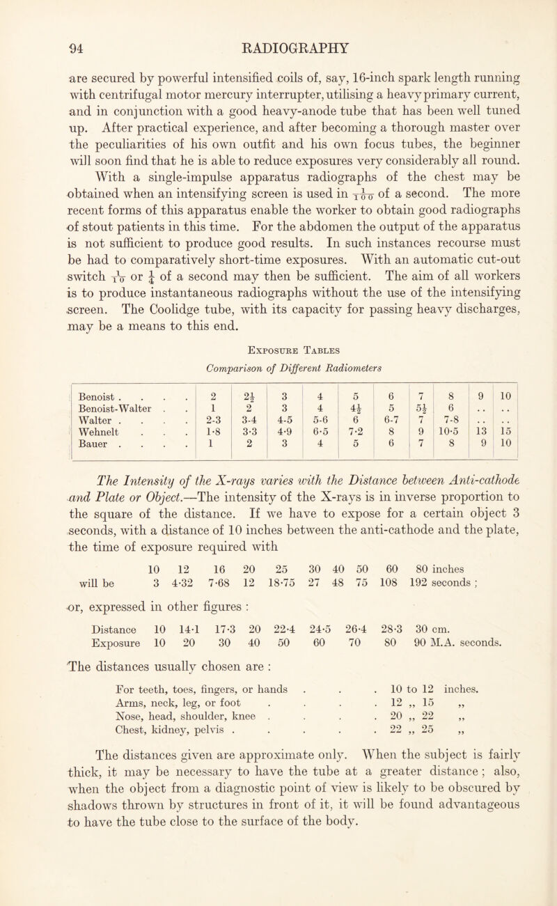 are secured by powerful intensified coils of, say, 16-inch spark length running with centrifugal motor mercury interrupter, utilising a heavy primary current, and in conjunction with a good heavy-anode tube that has been well tuned up. After practical experience, and after becoming a thorough master over the peculiarities of his own outfit and his own focus tubes, the beginner will soon find that he is able to reduce exposures very considerably all round. With a single-impulse apparatus radiographs of the chest may be obtained when an intensifying screen is used in TAo of a second. The more recent forms of this apparatus enable the worker to obtain good radiographs of stout patients in this time. For the abdomen the output of the apparatus is not sufficient to produce good results. In such instances recourse must be had to comparatively short-time exposures. With an automatic cut-out switch TV or \ of a second may then be sufficient. The aim of all workers is to produce instantaneous radiographs without the use of the intensifying ■screen. The Coolidge tube, with its capacity for passing heavy discharges, may be a means to this end. Exposure Tables Comparison of Different Radiometers Benoist .... 2 01 2 3 4 5 6 7 8 9 10 Benoist-Walter . 1 2 3 4 41 5 si °2 6 • • • • Walter .... 2-3 3-4 4-5 5-6 6 6-7 7 7-8 • • • • Wehnelt 1-8 3-3 4-9 6-5 7-2 8 9 10-5 13 15 Bauer .... 1 2 3 4 5 6 7 8 9 10 The Intensity of the X-rays varies with the Distance between Anti-cathode and Plate or Object.—The intensity of the X-rays is in inverse proportion to the square of the distance. If we have to expose for a certain object 3 seconds, with a distance of 10 inches between the anti-cathode and the plate, the time of exposure required with 10 12 16 20 25 30 40 50 60 80 inches will be 3 4*32 7-68 12 18-75 27 48 75 108 192 seconds ; or, expressed in other figures • Distance 10 14T 17-3 20 22-4 24-5 26-4 28-3 30 cm. Exposure 10 20 30 40 50 60 70 80 90 M.A. seconds, Yhe distances usually chosen are : For teeth, toes, fingers, or hands 10 to 12 inches, Arms, neck, leg, or foot • 12 „ 15 99 Nose, head, shoulder, knee . • 20 „ 22 99 Chest, kidney, pelvis . 22 • • >) 25 99 The distances given are approximate only. When the subject is fairly thick, it may be necessary to have the tube at a greater distance ; also, when the object from a diagnostic point of view is likely to be obscured by shadows thrown by structures in front of it, it will be found advantageous to have the tube close to the surface of the body.