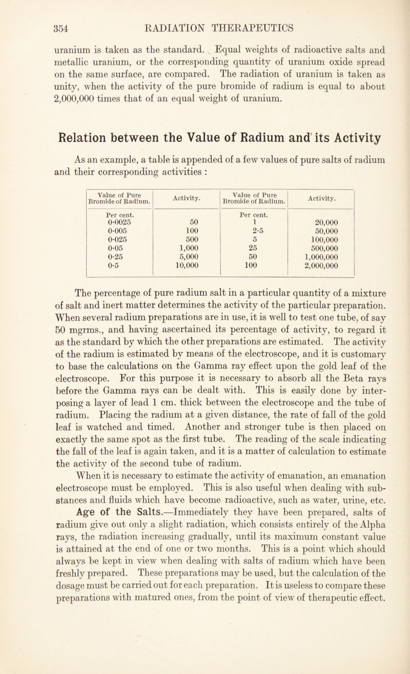 uranium is taken as the standard. Equal weights of radioactive salts and metallic uranium, or the corresponding quantity of uranium oxide spread on the same surface, are compared. The radiation of uranium is taken as unity, when the activity of the pure bromide of radium is equal to about 2,000,000 times that of an equal weight of uranium. Relation between the Value of Radium and its Activity As an example, a table is appended of a few values of pure salts of radium and their corresponding activities : Value of Pure Bromide of Radium. Activity. Value of Pure Bromide of Radium. Activity. Per cent. 0-0025 50 Per cent. 1 20,000 0-005 100 2-5 50,000 0-025 500 5 100,000 0-05 1,000 25 500,000 0-25 5,000 50 1,000,000 0-5 10,000 100 2,000,000 The percentage of pure radium salt in a particular quantity of a mixture of salt and inert matter determines the activity of the particular preparation. When several radium preparations are in use, it is well to test one tube, of say 50 mgrms., and having ascertained its percentage of activity, to regard it as the standard by which the other preparations are estimated. The activity of the radium is estimated by means of the electroscope, and it is customary to base the calculations on the Gamma ray effect upon the gold leaf of the electroscope. For this purpose it is necessary to absorb all the Beta rays before the Gamma rays can be dealt with. This is easily done by inter¬ posing a layer of lead 1 cm. thick between the electroscope and the tube of radium. Placing the radium at a given distance, the rate of fall of the gold leaf is watched and timed. Another and stronger tube is then placed on exactly the same spot as the first tube. The reading of the scale indicating the fall of the leaf is again taken, and it is a matter of calculation to estimate the activitv of the second tube of radium. When it is necessary to estimate the activity of emanation, an emanation electroscope must be employed. This is also useful when dealing with sub¬ stances and fluids which have become radioactive, such as water, urine, etc. Age of the Salts.—Immediately they have been prepared, salts of radium give out only a slight radiation, which consists entirely of the Alpha rays, the radiation increasing gradually, until its maximum constant value is attained at the end of one or two months. This is a point which should always be kept in view when dealing with salts of radium which have been freshly prepared. These preparations may be used, but the calculation of the dosage must be carried out for each preparation. It is useless to compare these preparations with matured ones, from the point of view of therapeutic effect.