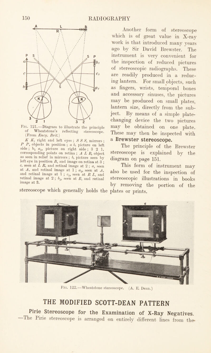 Fig. 121.—Diagram to illustrate the principle of Wheatstone’s reflecting stereoscope. (From Ency. Brit.) K A, right and left eyes ; S S S, mirrors ; P P, objects in position ; a b, picture on left side; b2 a1} picture on right side; 3 2 1, corresponding points on retina ; A L B, object as seen in relief in mirrors ; b, picture seen by left eye in position B, and image on retina at 3 ; c, seen at L R, and retinal image at 2 ; a, seen at A, and retinal image at 1 ; av seen at A, and retinal image at 1 ; cl5 seen at R Z, and retinal image at 2 ; bv seen at B, and retinal image at 3. stereoscope which generally holds th Another form of stereoscope which is of great value in X-ray work is that introduced many years ago by Sir David Brewster. The instrument is very convenient for the inspection of reduced pictures of stereoscopic radiographs. These are readily produced in a reduc¬ ing lantern. For small objects, such as fingers, wrists, temporal bones and accessory sinuses, the pictures may be produced on small plates, lantern size, directly from the sub¬ ject. By means of a simple plate¬ changing device the two pictures may be obtained on one plate. These may then be inspected with a Brewster stereoscope. The principle of the Brewster stereoscope is explained by the diagram on page 151. This form of instrument may also be used for the inspection of stereoscopic illustrations in books by removing the portion of the plates or prints. THE MODIFIED SCOTT-DEAN PATTERN Pirie Stereoscope for the Examination of X-Ray Negatives. The Pirie stereoscope is arranged on entirely different lines from the*