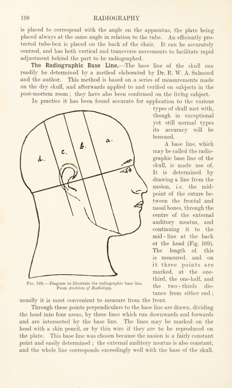 is placed to correspond with the angle on the apparatus, the plate being placed always at the same angle in relation to the tube. An efficiently pro¬ tected tube-box is placed on the back of the chair. It can be accurately centred, and has both vertical and transverse movements to facilitate rapid adjustment behind the part to be radiographed. The Radiographic Base Line.—The base line of the skull can readily be determined by a method elaborated by Dr. R. W. A. Salmond and the author. This method is based on a series of measurements made on the dry skull, and afterwards applied to and verified on subjects in the post-mortem room ; they have also been confirmed on the livihg subject. In practice it has been found accurate for application to the various types of skull met with, though in exceptional yet still normal types its accuracy will be lessened. A base line, which may be called the radio- graphic base line of the skull, is made use of. It is determined by drawing a line from the nasion, i.e. the mid¬ point of the suture be¬ tween the frontal and nasal bones, through the centre of the external auditory meatus, and continuing it to the mid - line at the back of the head (Fig. 169). The length of this is measured, and on it three points are marked, at the one- third, the one-half, and the two - thirds dis¬ tance from either end ; usually it is most convenient to measure from the front. Through these points perpendiculars to the base line are drawn, dividing the head into four areas, by three lines which run downwards and forwards and are intersected by the base line. The lines may be marked on the head with a skin pencil, or by thin wire if they are to be reproduced on the plate. This base line was chosen because the nasion is a fairly constant point and easily determined ; the external auditory meatus is also constant, and the whole line corresponds exceedingly well with the base of the skull. Fig. 169.—Diagram to illustrate the radiographic base line. From Archives of Radiology.