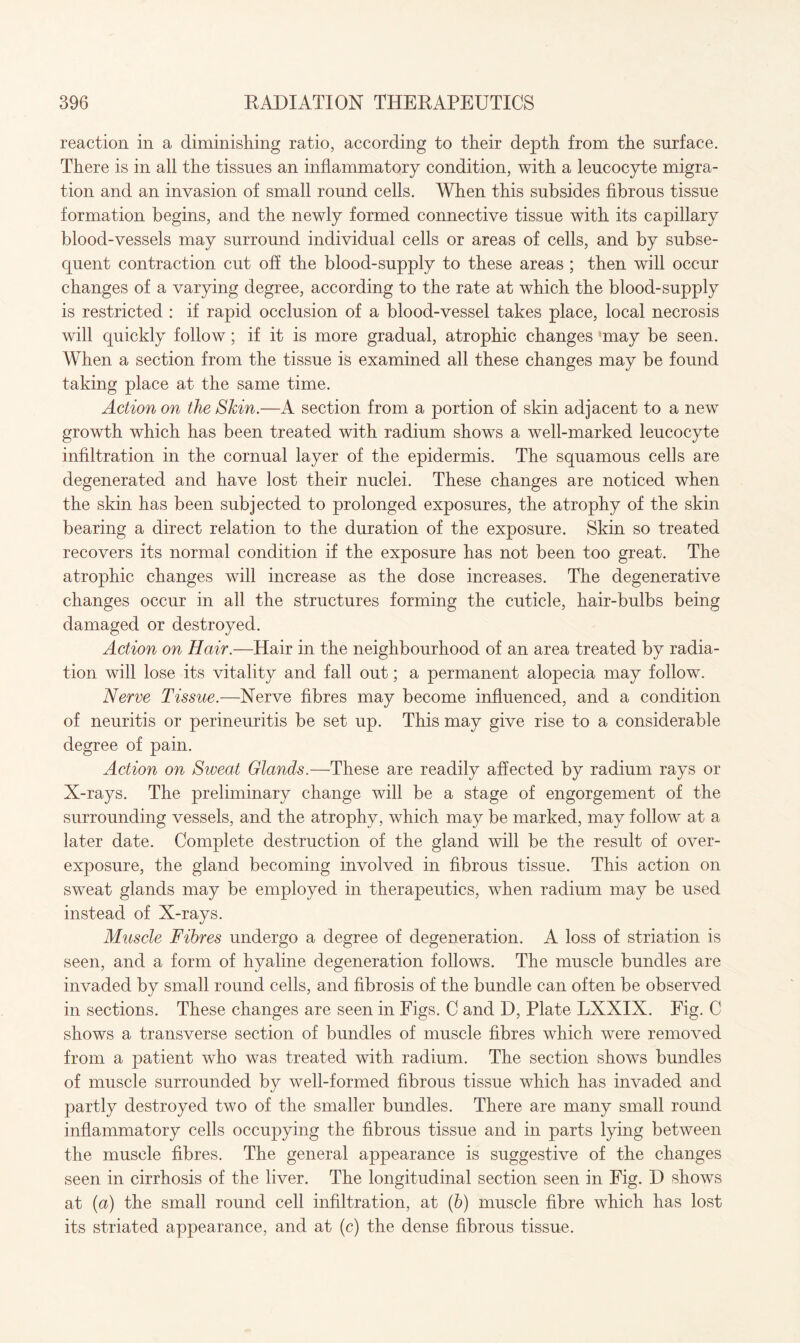 reaction in a diminishing ratio, according to their depth from the surface. There is in all the tissues an inflammatory condition, with a leucocyte migra¬ tion and an invasion of small round cells. When this subsides fibrous tissue formation begins, and the newly formed connective tissue with its capillary blood-vessels may surround individual cells or areas of cells, and by subse¬ quent contraction cut off the blood-supply to these areas ; then will occur changes of a varying degree, according to the rate at which the blood-supply is restricted : if rapid occlusion of a blood-vessel takes place, local necrosis will quickly follow; if it is more gradual, atrophic changes may be seen. When a section from the tissue is examined all these changes may be found taking place at the same time. Action on the Skin.—A section from a portion of skin adjacent to a new growth which has been treated with radium shows a well-marked leucocyte infiltration in the cornual layer of the epidermis. The squamous cells are degenerated and have lost their nuclei. These changes are noticed when the skin has been subjected to prolonged exposures, the atrophy of the skin bearing a direct relation to the duration of the exposure. Skin so treated recovers its normal condition if the exposure has not been too great. The atrophic changes will increase as the dose increases. The degenerative changes occur in all the structures forming the cuticle, hair-bulbs being damaged or destroyed. Action on Hair.—Hair in the neighbourhood of an area treated by radia¬ tion will lose its vitality and fall out; a permanent alopecia may follow. Nerve Tissue.—Nerve fibres may become influenced, and a condition of neuritis or perineuritis be set up. This may give rise to a considerable degree of pain. Action on Sweat Glands.—These are readily affected by radium rays or N-rays. The preliminary change will be a stage of engorgement of the surrounding vessels, and the atrophy, which may be marked, may follow at a later date. Complete destruction of the gland will be the result of over¬ exposure, the gland becoming involved in fibrous tissue. This action on sweat glands may be employed in therapeutics, when radium may be used instead of X-rays. Muscle Fibres undergo a degree of degeneration. A loss of striation is seen, and a form of hyaline degeneration follows. The muscle bundles are invaded by small round cells, and fibrosis of the bundle can often be observed in sections. These changes are seen in Figs. C and D, Plate LXXIX. Fig. C shows a transverse section of bundles of muscle fibres which were removed from a patient who was treated with radium. The section shows bundles of muscle surrounded by well-formed fibrous tissue which has invaded and partly destroyed two of the smaller bundles. There are many small round inflammatory cells occupying the fibrous tissue and in parts lying between the muscle fibres. The general appearance is suggestive of the changes seen in cirrhosis of the liver. The longitudinal section seen in Fig. D shows at (a) the small round cell infiltration, at (b) muscle fibre which has lost its striated appearance, and at (c) the dense fibrous tissue.