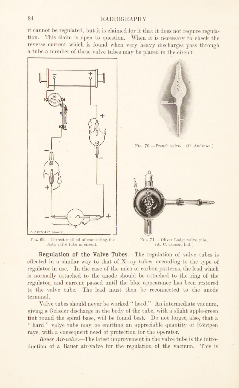 it cannot be regulated, but it is claimed for it that it does not require regula¬ tion. This claim is open to question. When it is necessary to check the reverse current which is found when very heavy discharges pass through a tube a number of these valve tubes may be placed in the circuit. Fig. 70.—French valve. (C. Andrews.) Fig. 69.—Correct method of connecting the Asta valve tube in circuit. Fig. 71.—Oliver Lodge valve tube. (A. C. Cossor, Ltd.) Regulation of the Valve Tubes.—The regulation of valve tubes is effected in a similar way to that of X-ray tubes, according to the type of regulator in use. In the case of the mica or carbon patterns, the lead which is normally attached to the anode should be attached to the ring of the regulator, and current passed until the blue appearance has been restored to the valve tube. The lead must then be reconnected to the anode terminal. Valve tubes should never be worked “ hard.” An intermediate vacuum, giving a Geissler discharge in the body of the tube, with a slight apple-green tint round the spiral base, will be found best. Do not forget, also, that a “ hard ” valve tube may be emitting an appreciable quantity of Rontgen rays, with a consequent need of protection for the operator. Bauer Air-valve.—The latest improvement in the valve tube is the intro¬ duction of a Bauer air-valve for the regulation of the vacuum. This is