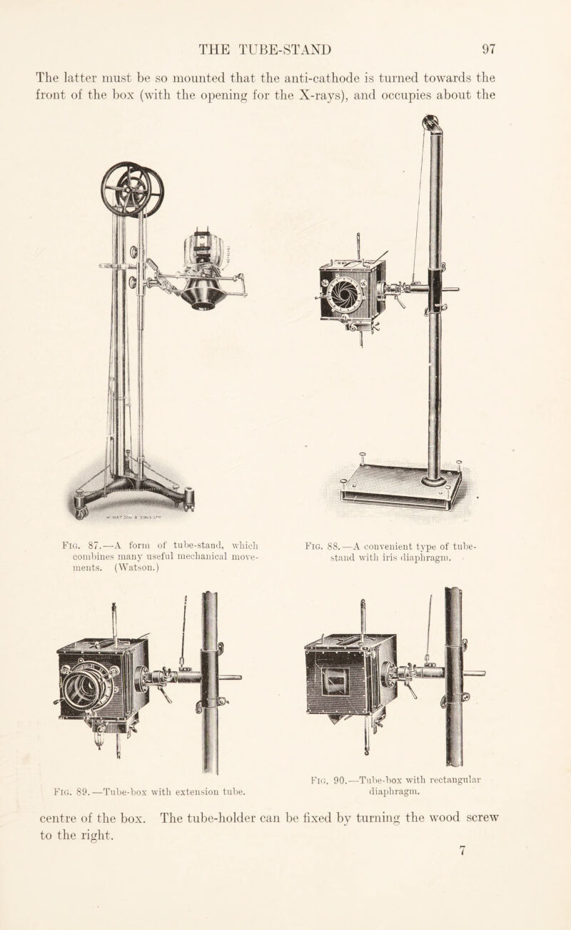 The latter must be so mounted that the anti-cathode is turned towards the front of the box (with the opening for the X-rays), and occupies about the Fig. 87.—A form of tube-stand, which Fig. 88.—A convenient type of tube- combines many useful mechanical move- stand with iris diaphragm, ments. (Watson.) Fig. 89.—Tube-box with extension tube. Fig. 90.—Tube-box with rectangular diaphragm. centre of the box. The tube-holder can be fixed by turning the wood screw to the right. 7