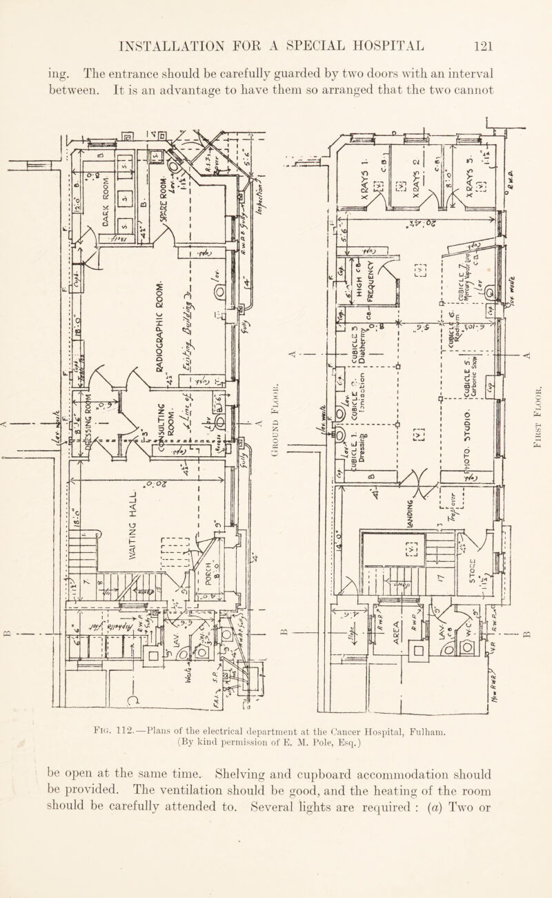 mg. The entrance should be carefully guarded by two doors with an interval between. It is an advantage to have them so arranged that the two cannot Fig. 112.—Plans of the electrical department at the Cancer Hospital, Fnlham. (By kind permission of E. M. Pole, Esq.) be open at the same time. Shelving and cupboard accommodation should be provided. The ventilation should be good, and the heating of the room should be carefully attended to. Several lights are recpiired : (a) Two or First Floor.
