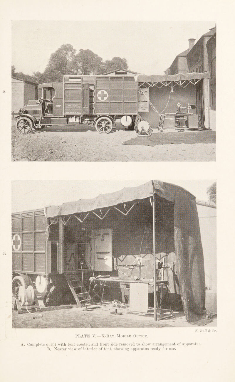 B PLATE V.—X-Ray Mobile Outfit. A. Complete outfit with tent erected and front side removed to show arrangement of apparatus. B. Nearer view of interior of tent, showing apparatus ready for use. F. Butt <& Co.